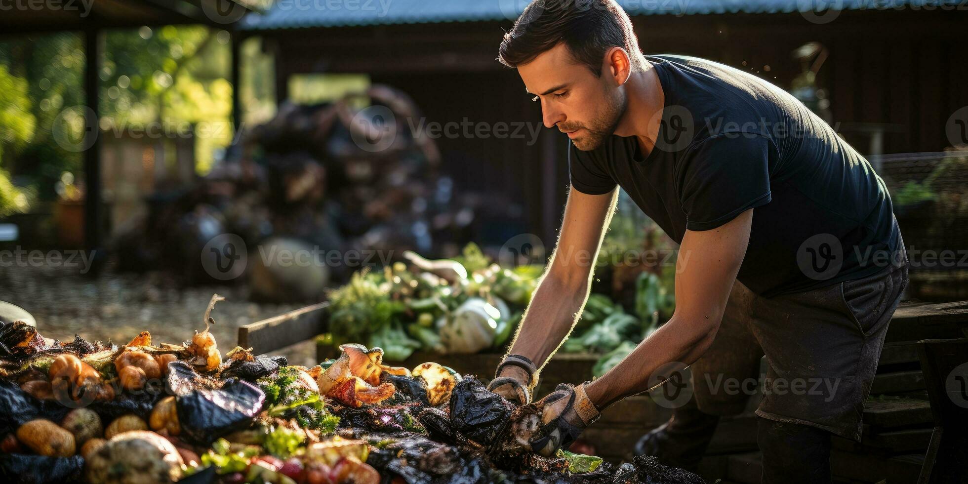 A man composts food waste in his garden. Ecological use of food. Generative AI photo