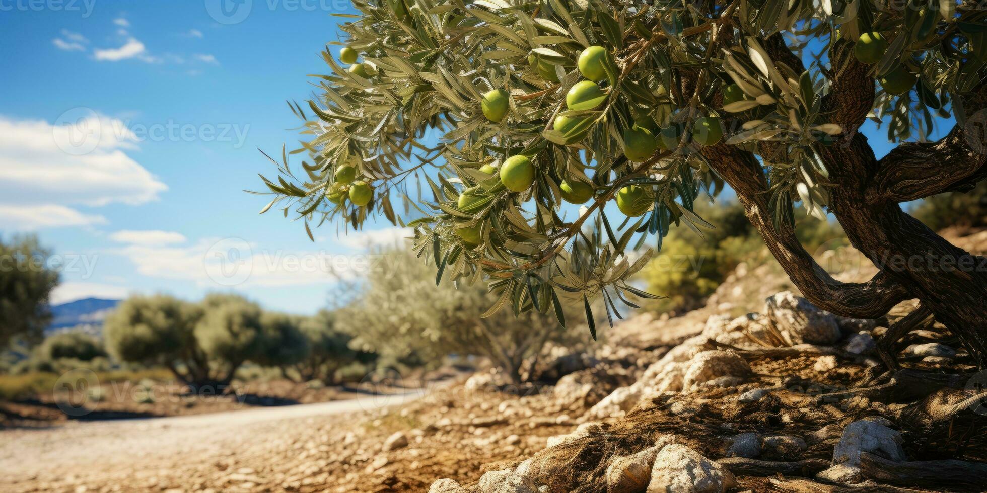 aceituna arboleda en el isla de Grecia. plantación de aceituna arboles generativo ai foto