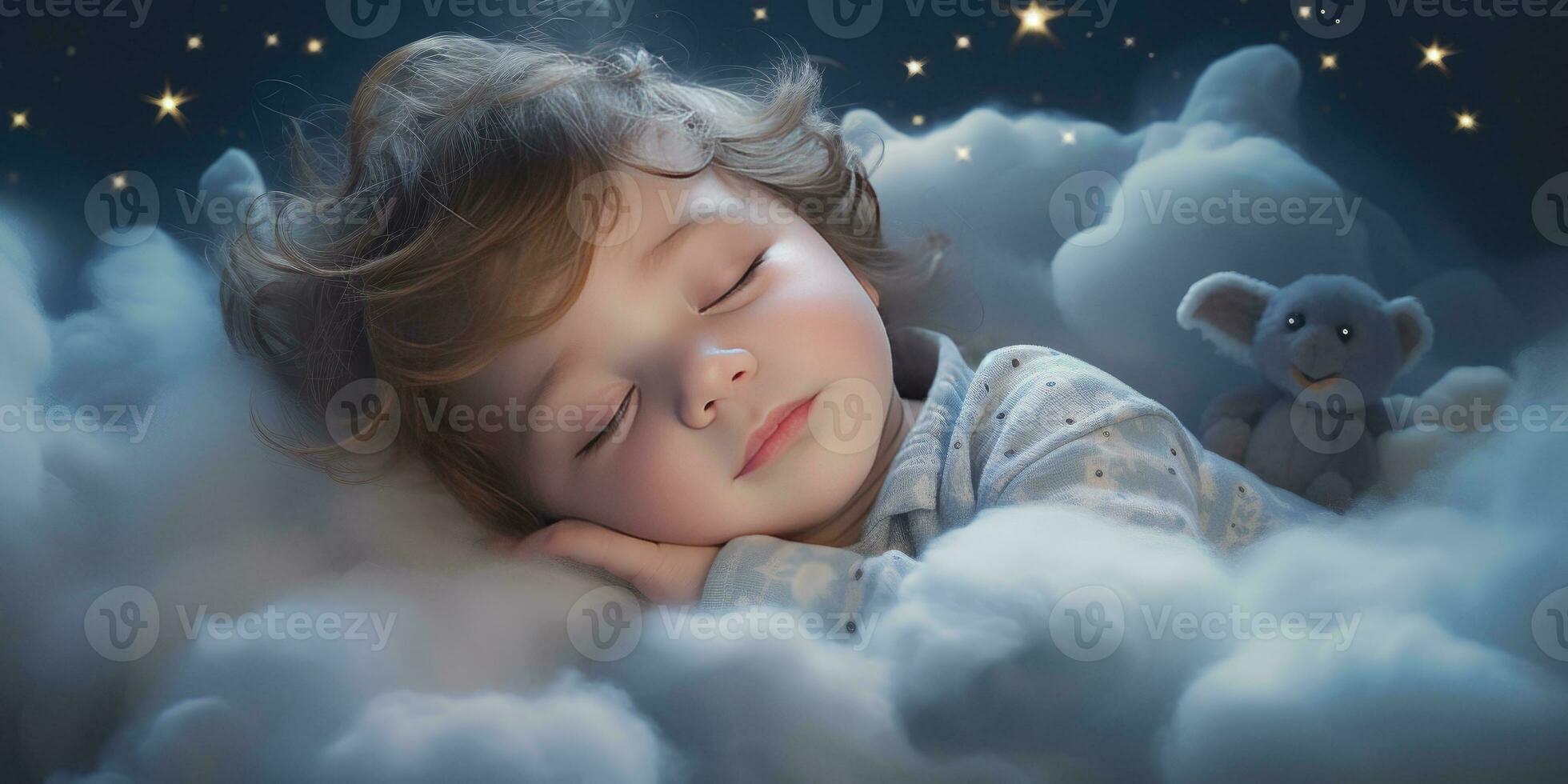 pequeño linda bebé duerme en su cama. el tema de Sueños. generativo ai foto