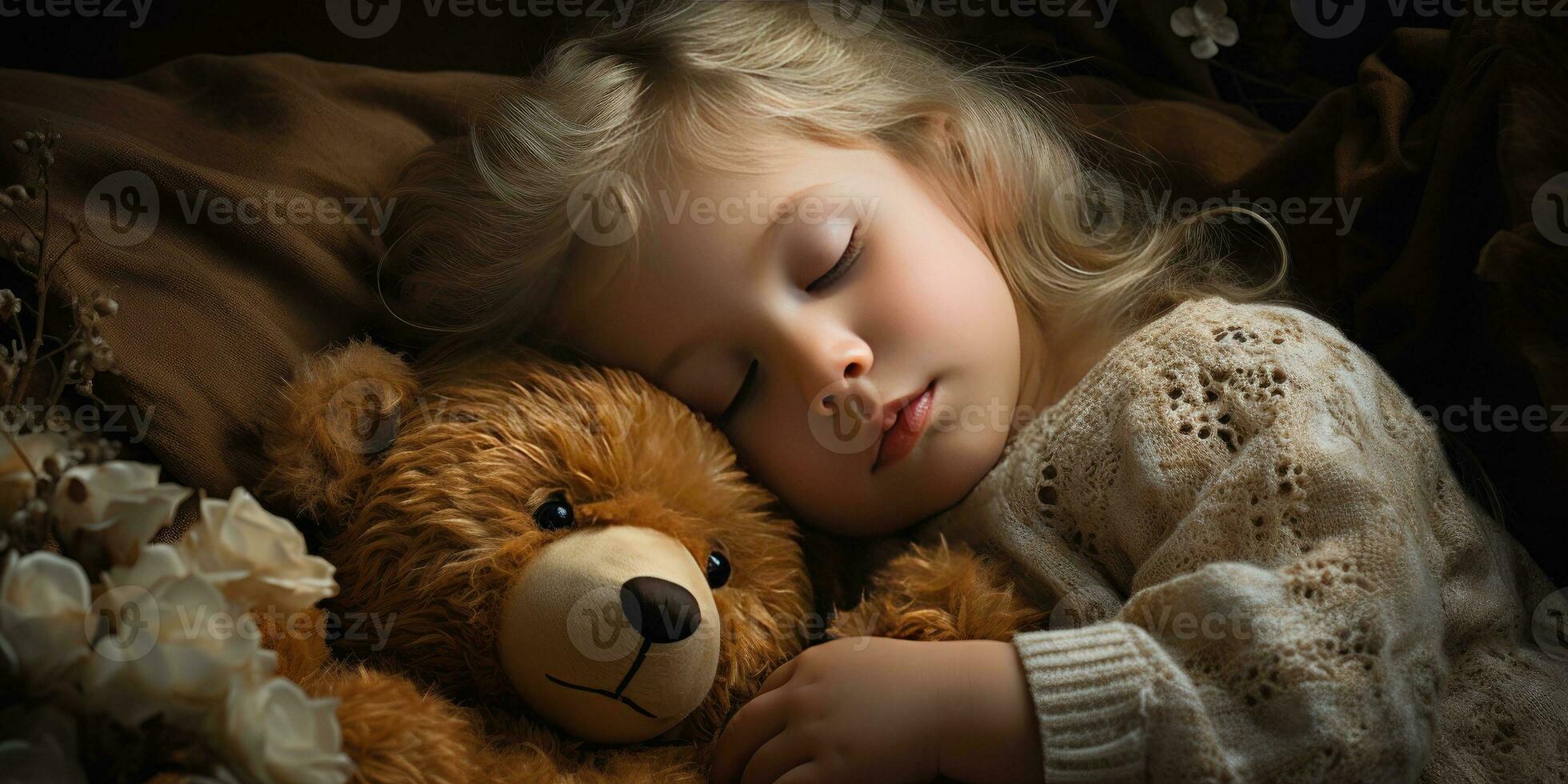 A small child hugs a teddy bear in a dream. Generative AI photo