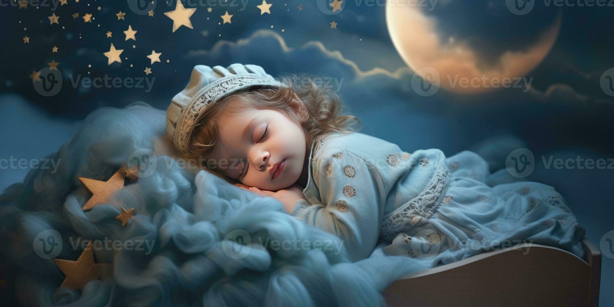 pequeño linda bebé duerme en su cama. el tema de Sueños. generativo ai foto