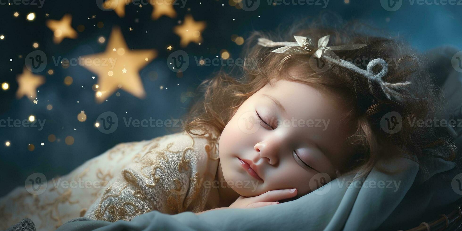 Little cute baby sleeps in his bed. The theme of dreams. Generative AI photo
