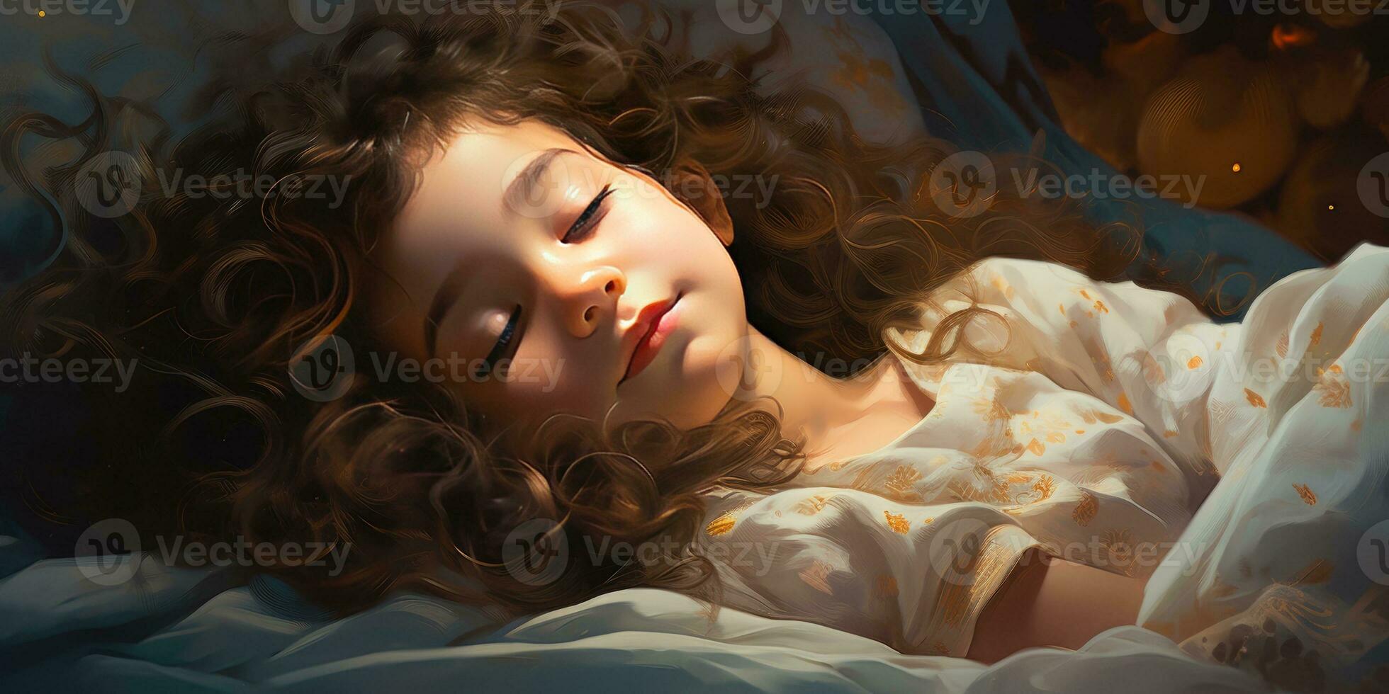Little cute sleeping girl. Dream theme. Generative AI photo