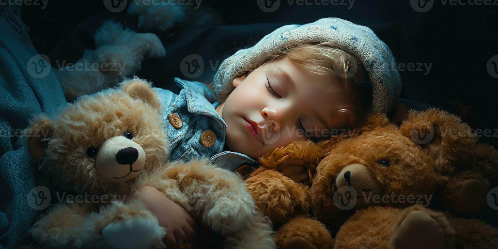 A small child hugs a teddy bear in a dream. Generative AI photo