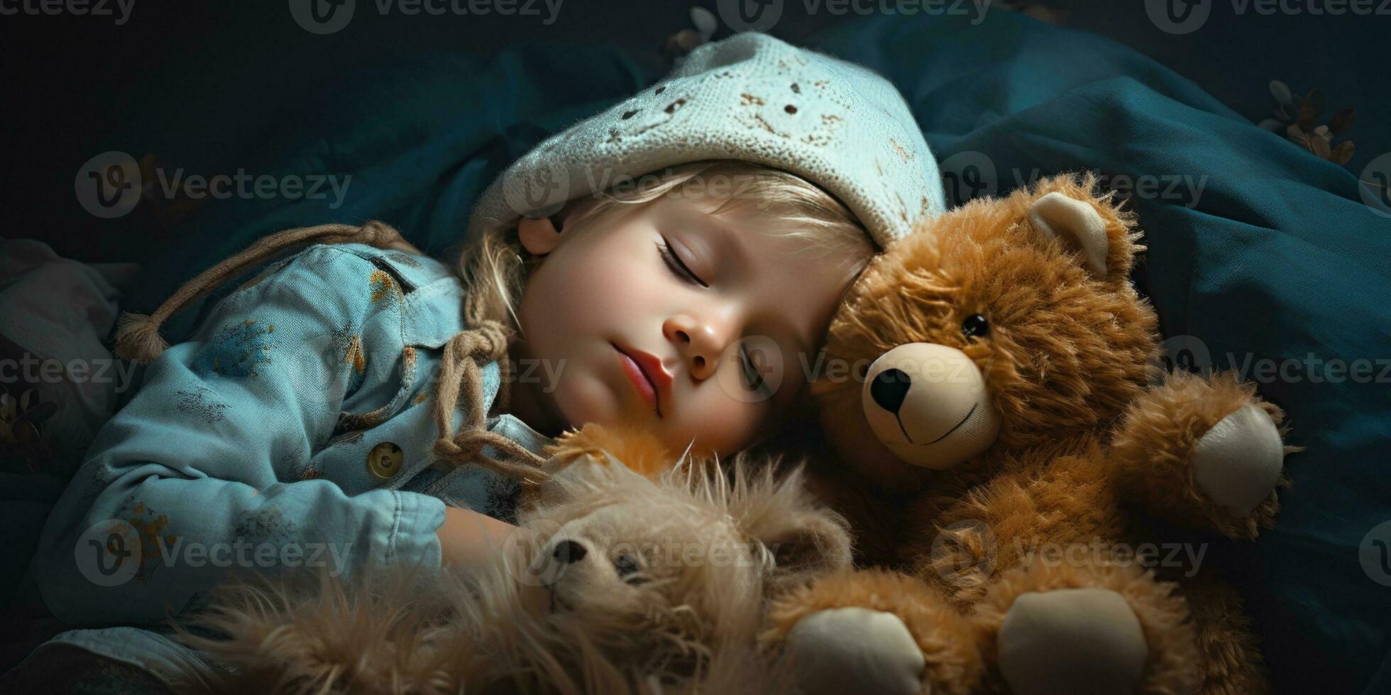 A small child hugs a teddy bear in a dream. Generative AI photo