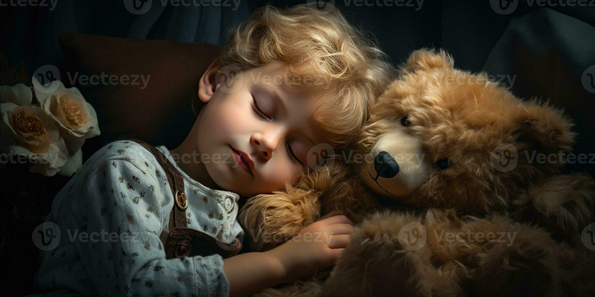 A small child hugs a teddy bear in a dream. Generative AI photo