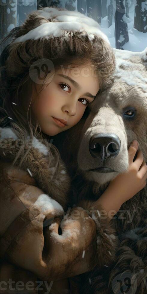 Girl hugging a bear, animal protection theme. Generative AI photo