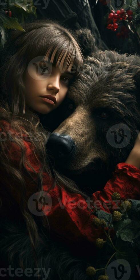 Girl hugging a bear, animal protection theme. Generative AI photo