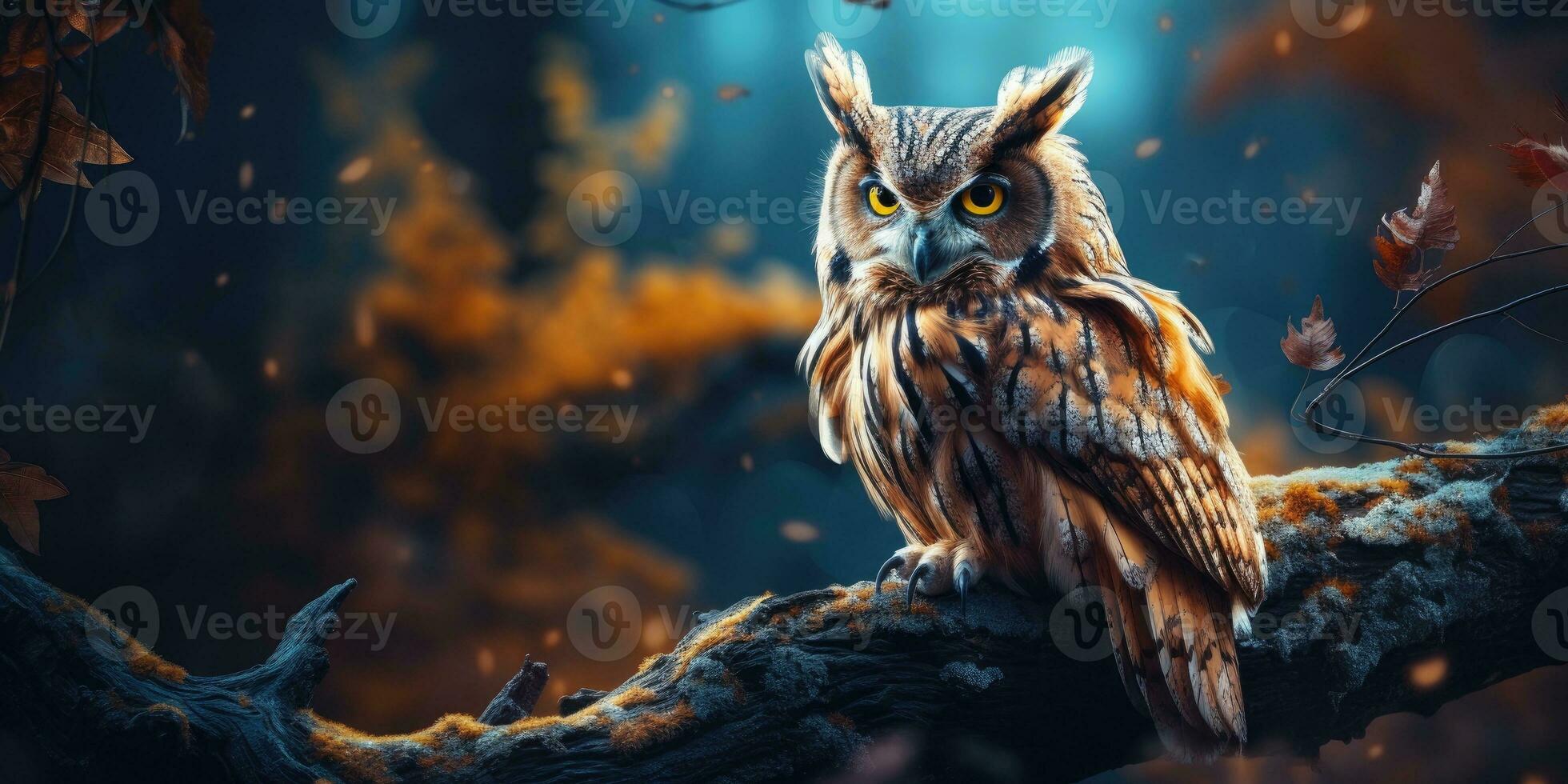 Close-up photo of an owl at night in the forest. Generative AI