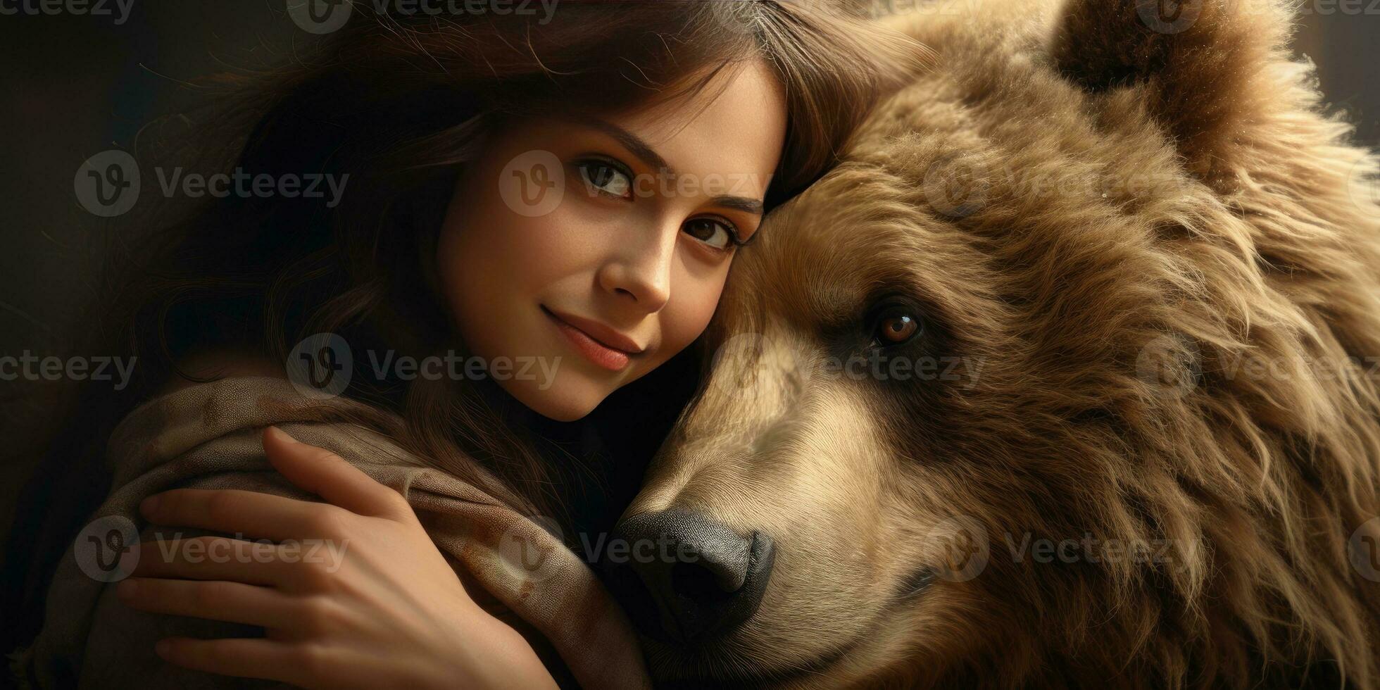 Girl hugging a bear, animal protection theme. Generative AI photo