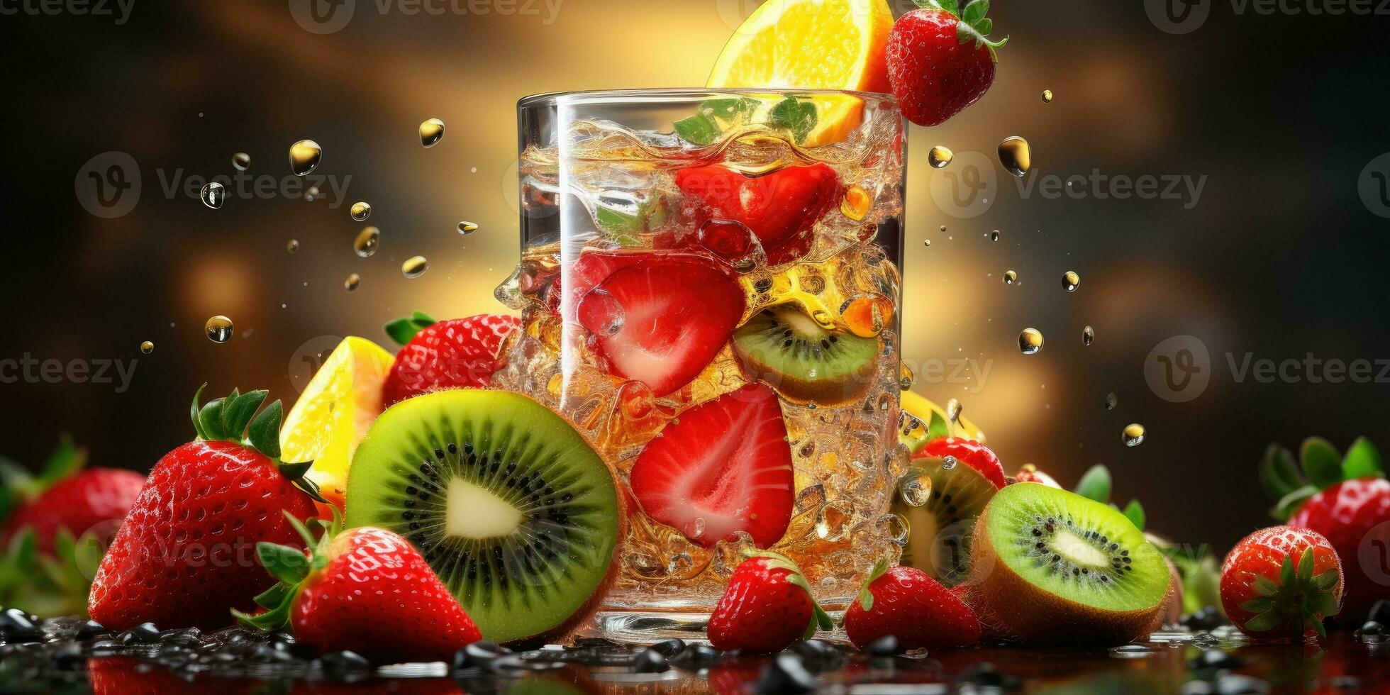 Glass of fresh juice close-up. Delicious fruits. Generative AI photo