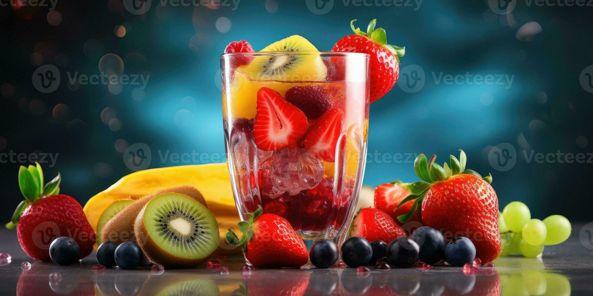 Glass of fresh juice close-up. Delicious fruits. Generative AI photo