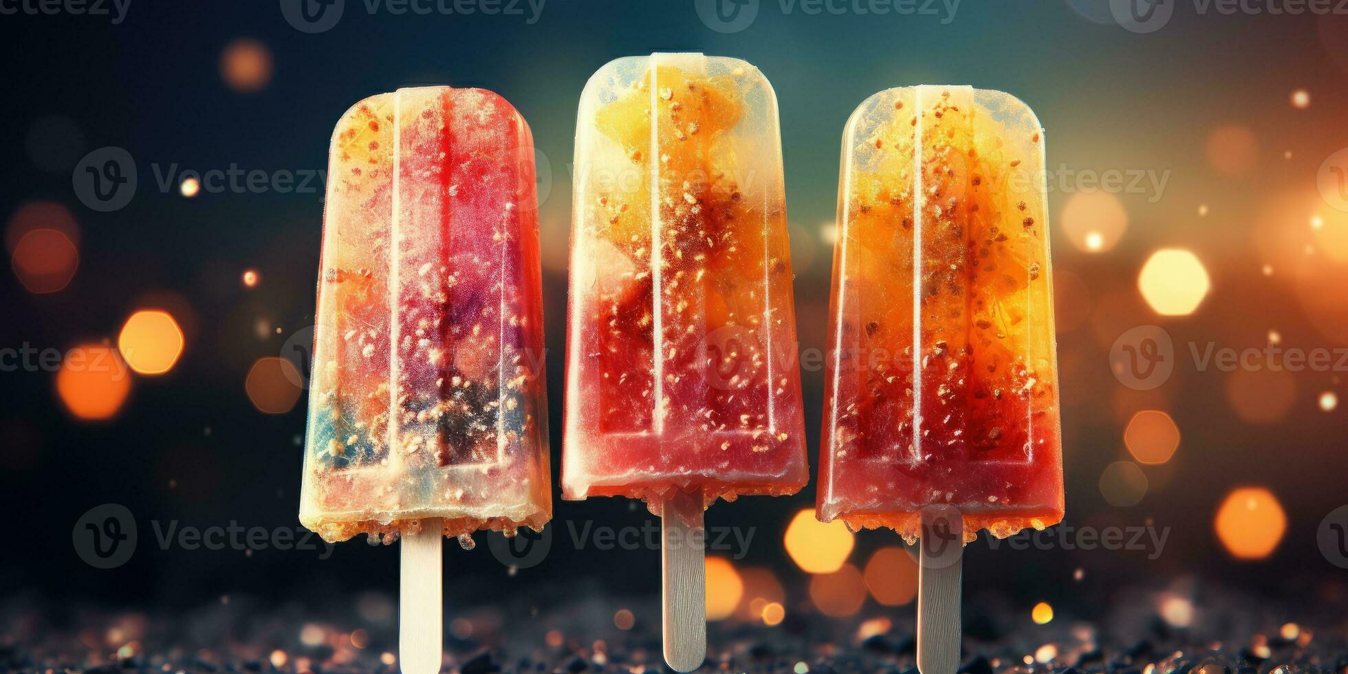 Fruta paleta de hielo en un oscuro fondo, jugoso frutas generativo ai foto