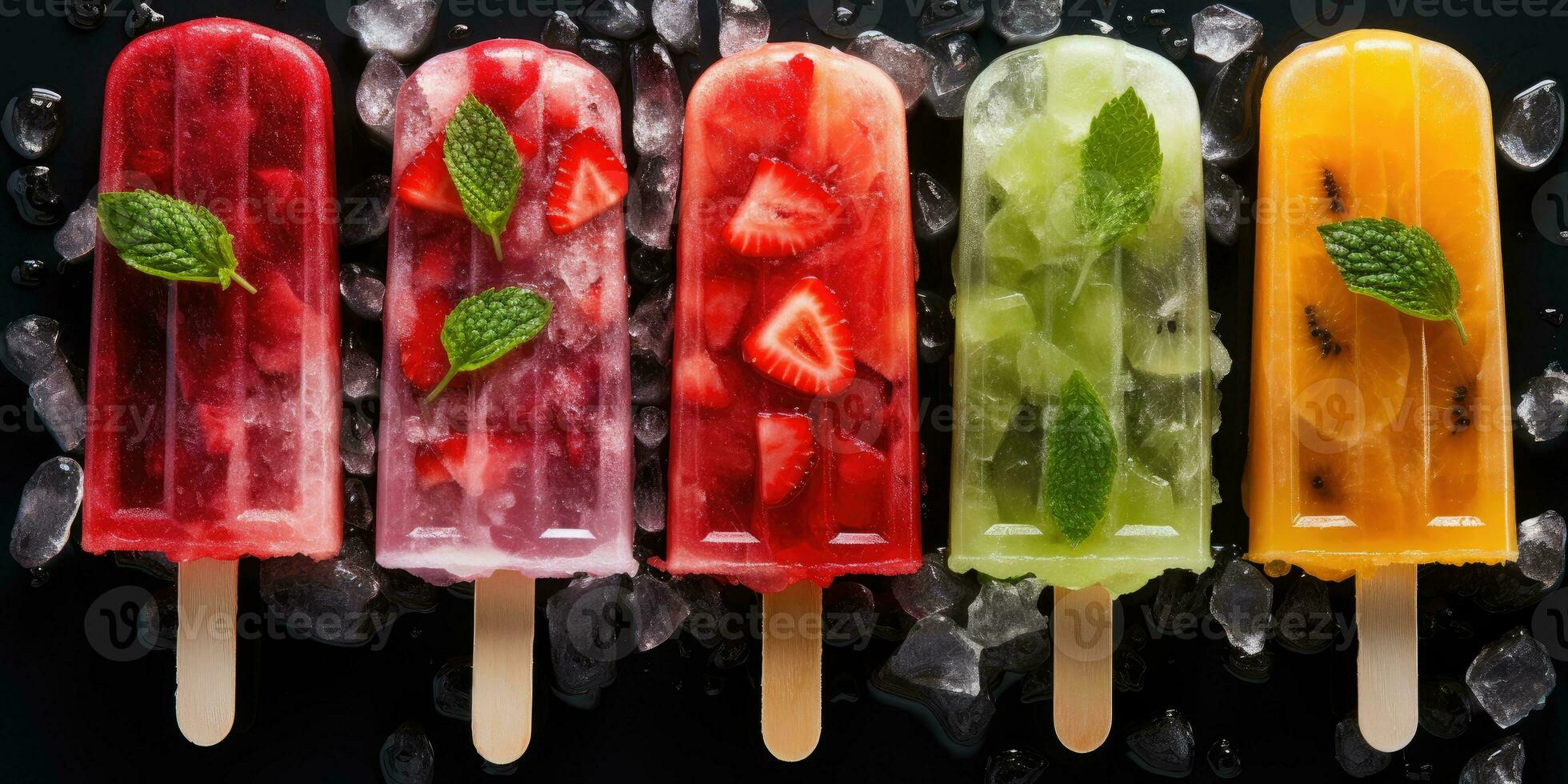 Fruta paleta de hielo en un oscuro fondo, jugoso frutas generativo ai foto
