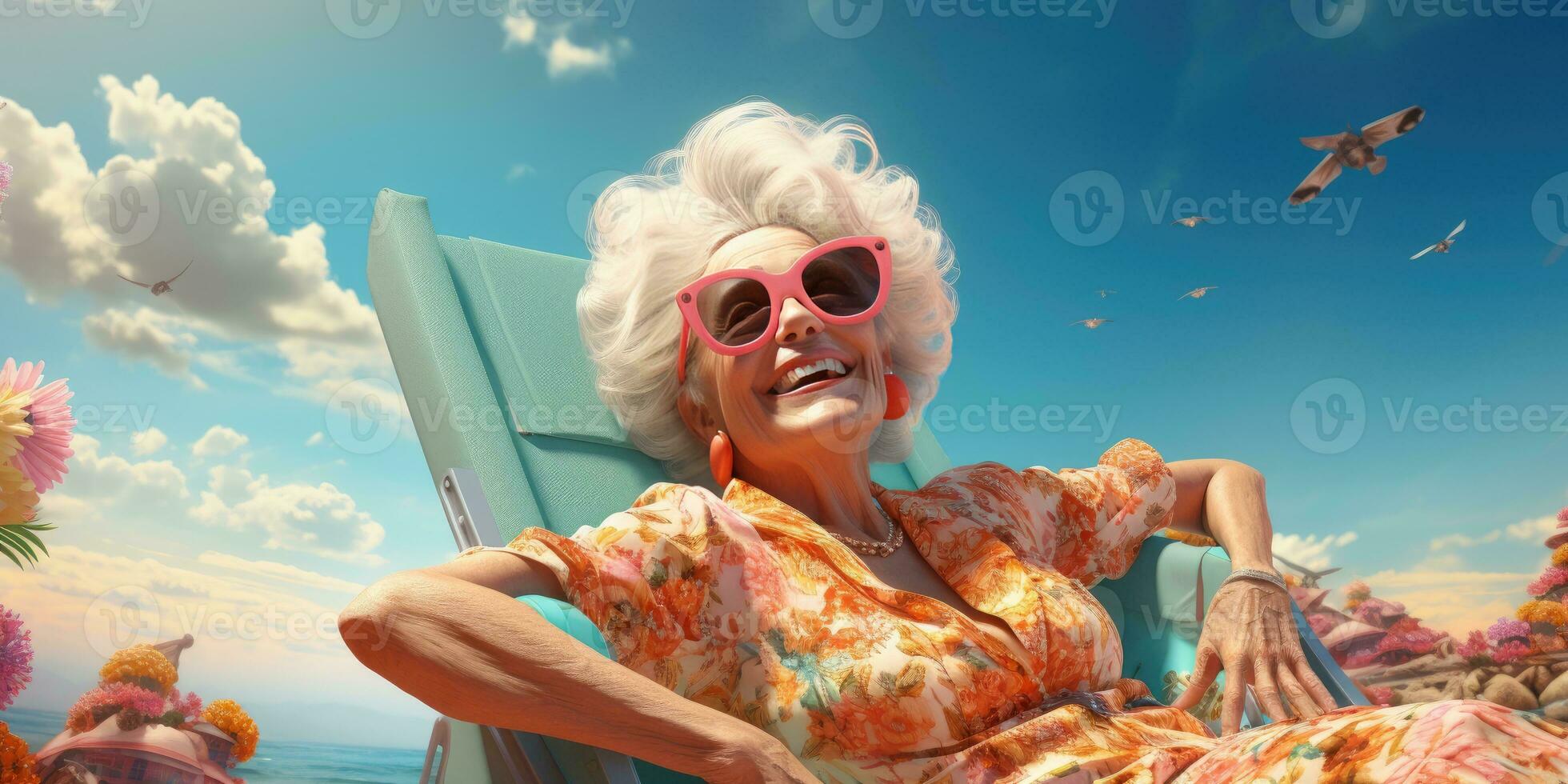 Cheerful and happy Grandmother is resting on the beach in a ounger. Generative AI photo