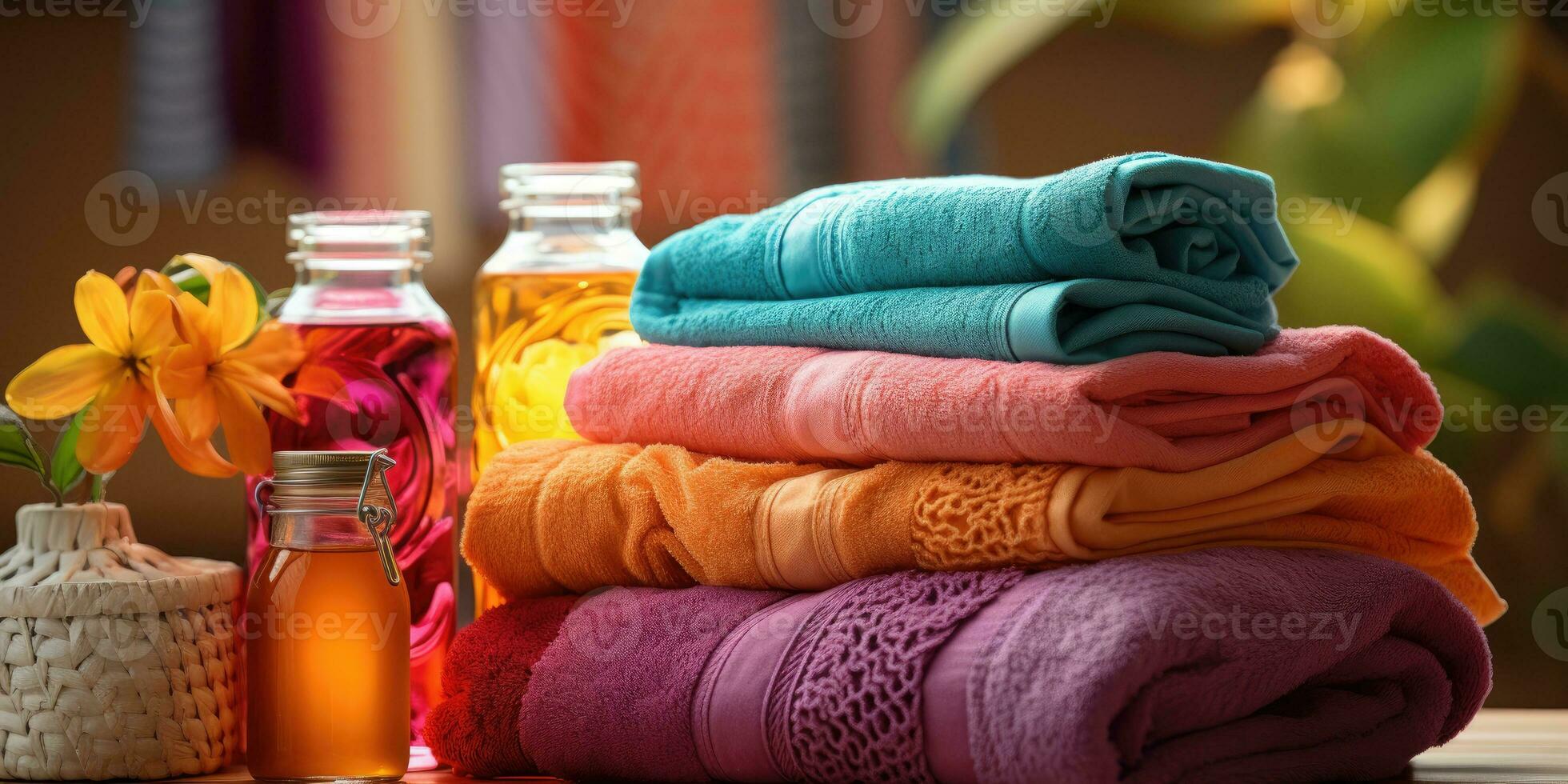 colored towels and fabric softener, laundry detergents. Generative AI photo