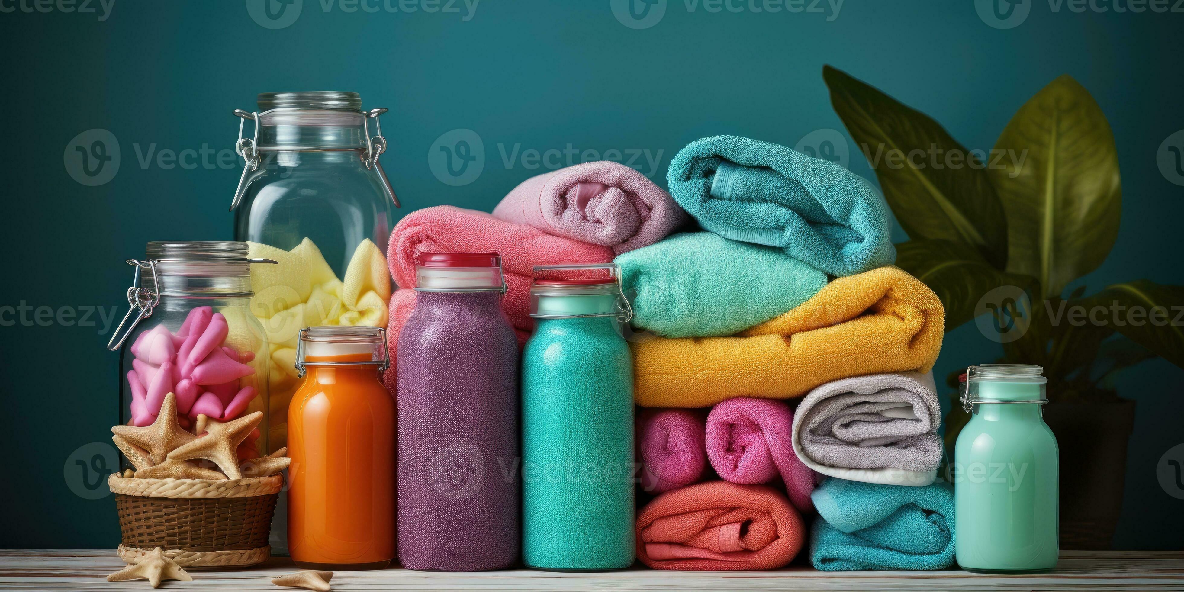 clean towels and detergents on the table. Generative AI 30328640 Stock