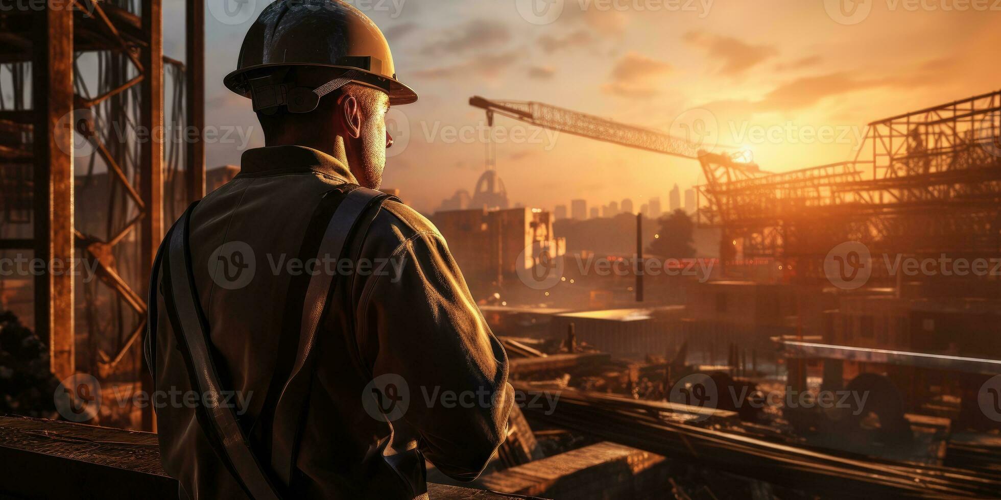 a man in a construction helmet against the backdrop of building under construction. Generative AI photo