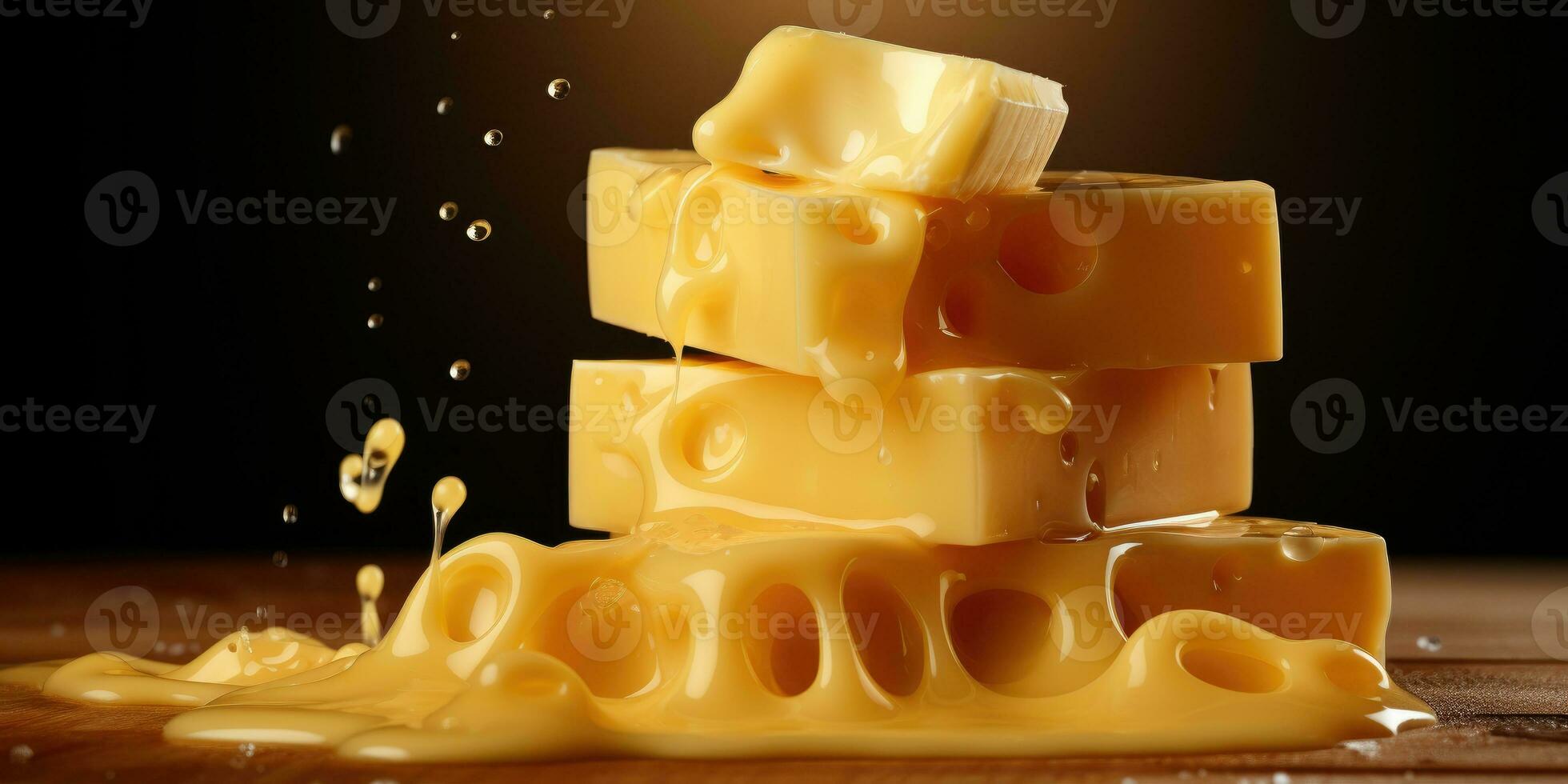 a lot of cheese in a slide, melted cheese close-up. Generative AI photo