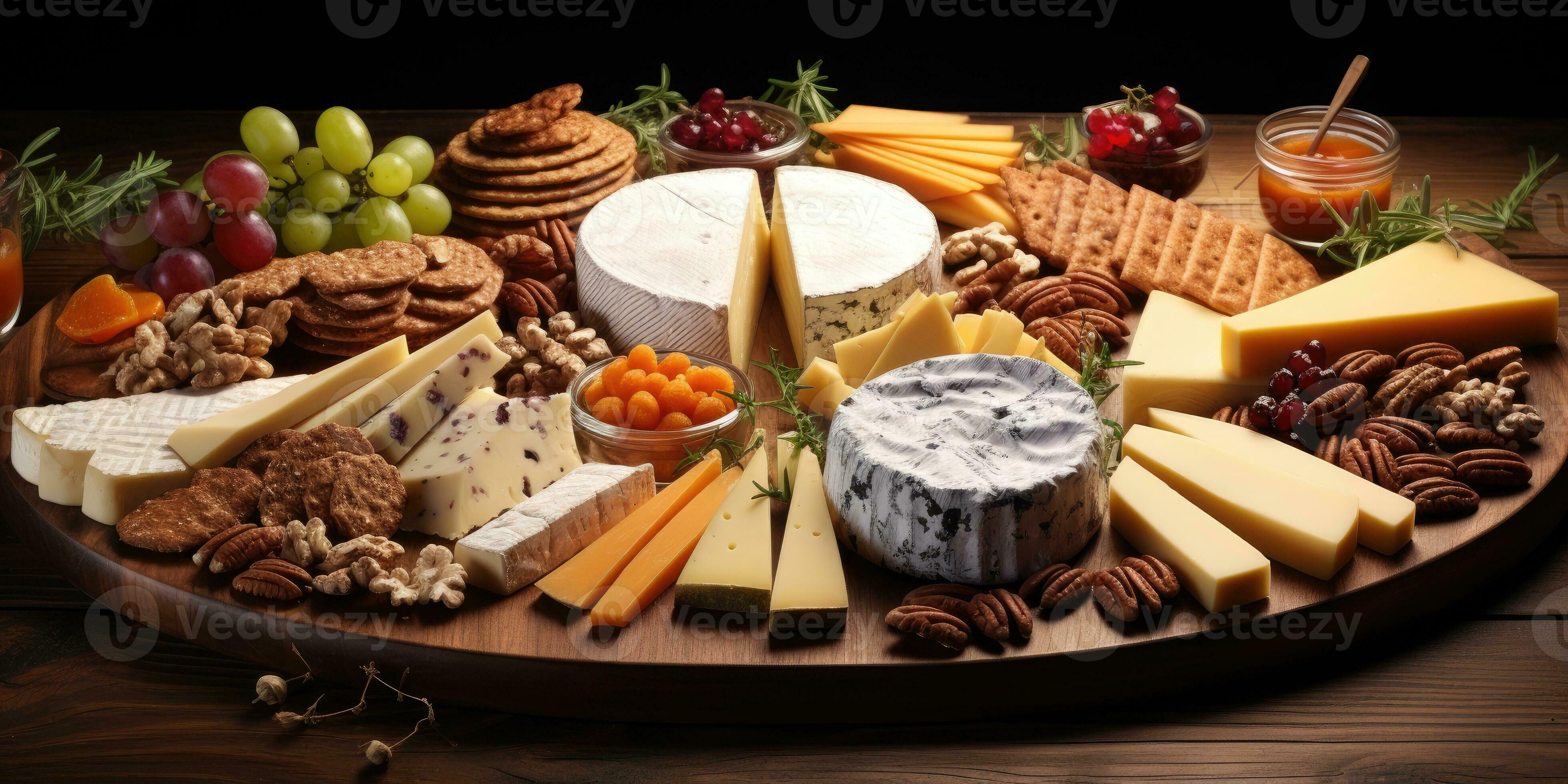 Party hors d'oeuvre platter assorted cheeses and fruits from above