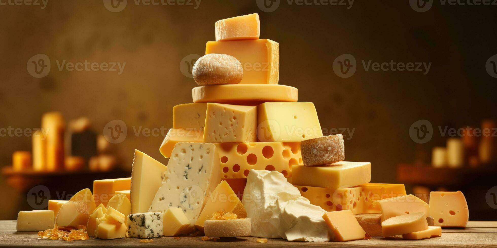 Big mountains of fresh yellow cheese. Lots of different cheeses. Generative AI photo