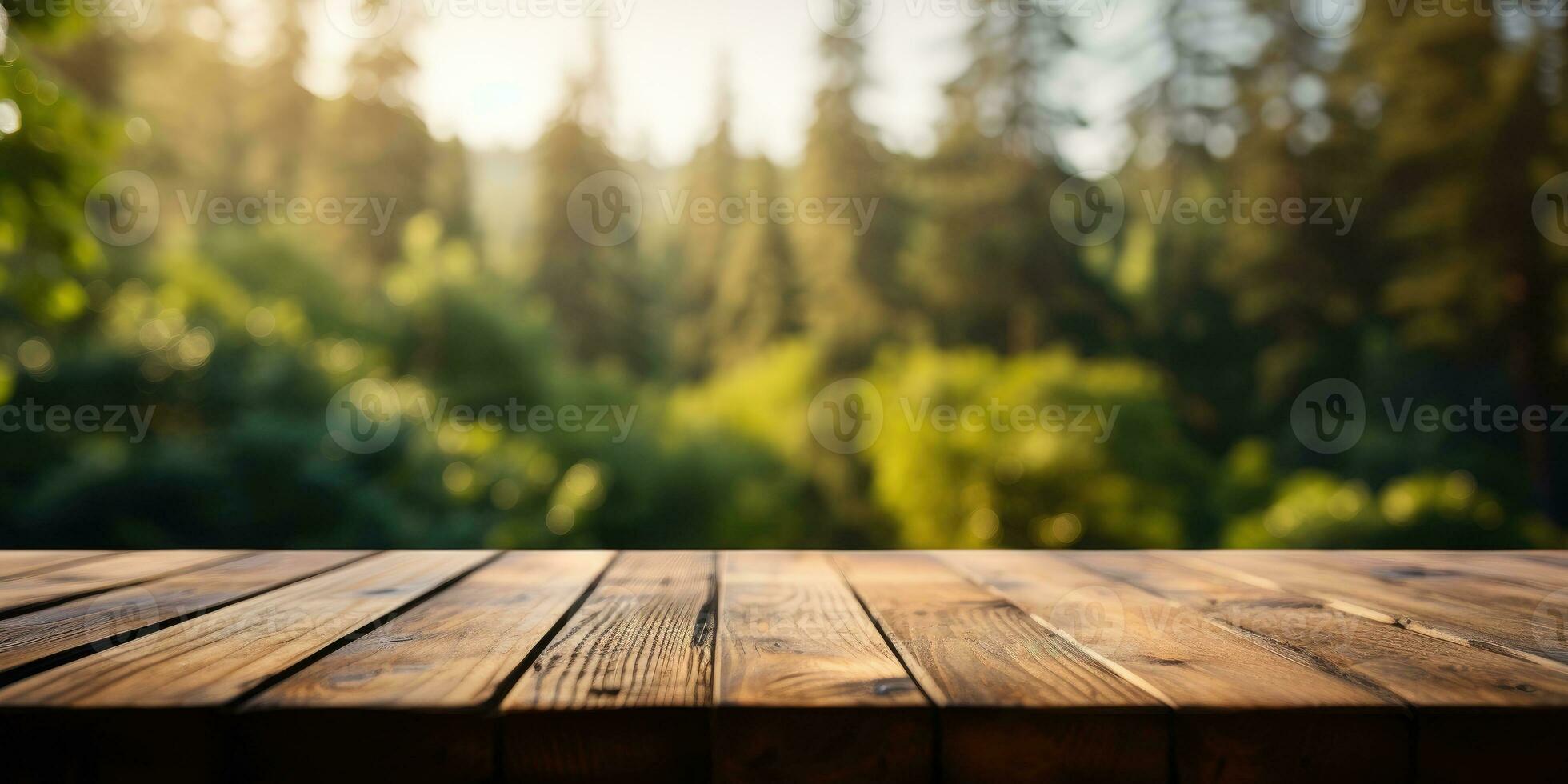 wooden table with place and blurred forest. Generative AI photo