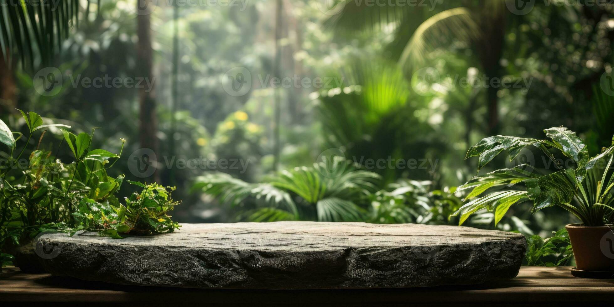 Stone background beauty products, scene with green leaves. Generative AI photo
