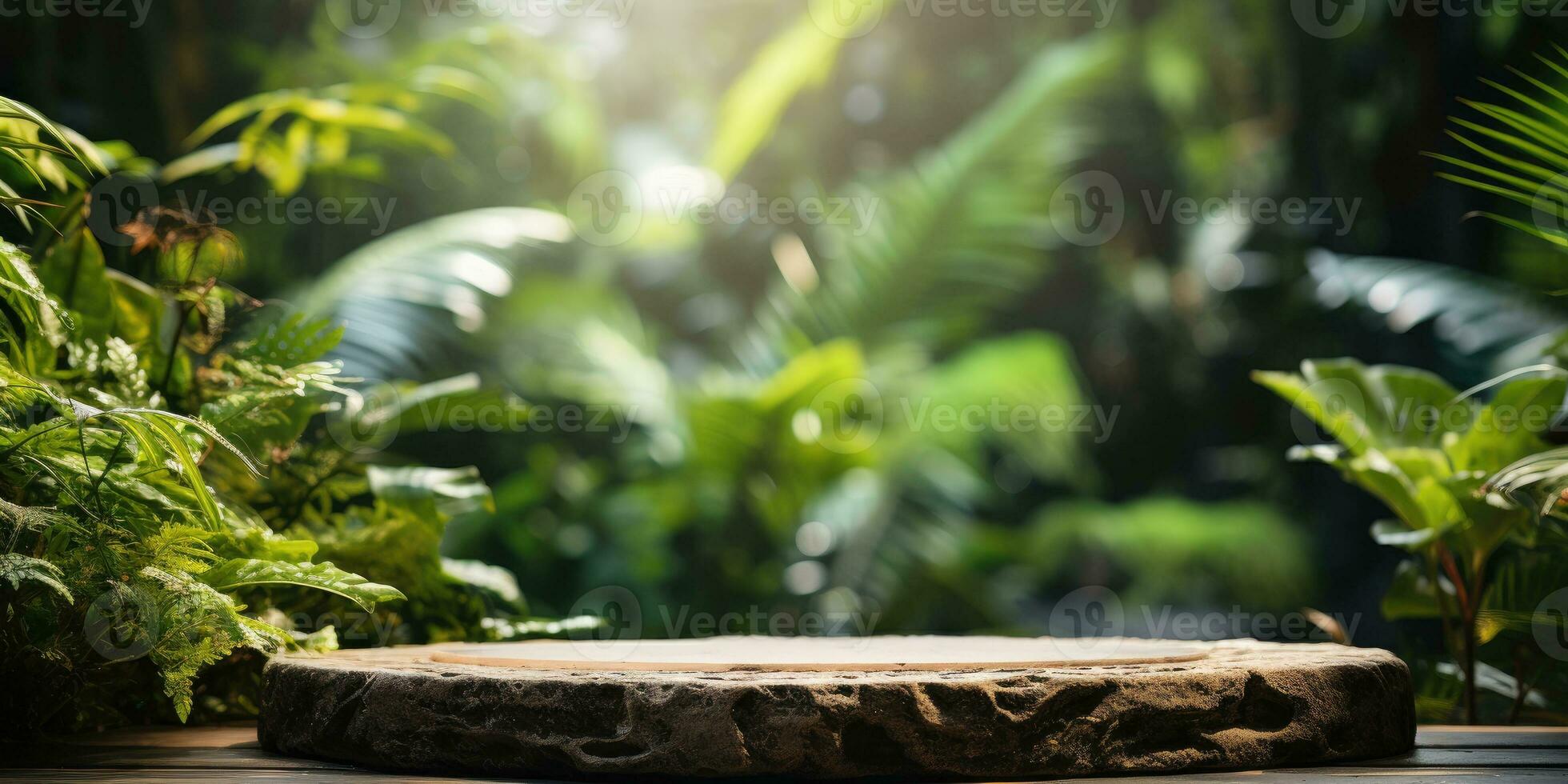 Stone background beauty products, scene with green leaves. Generative AI photo