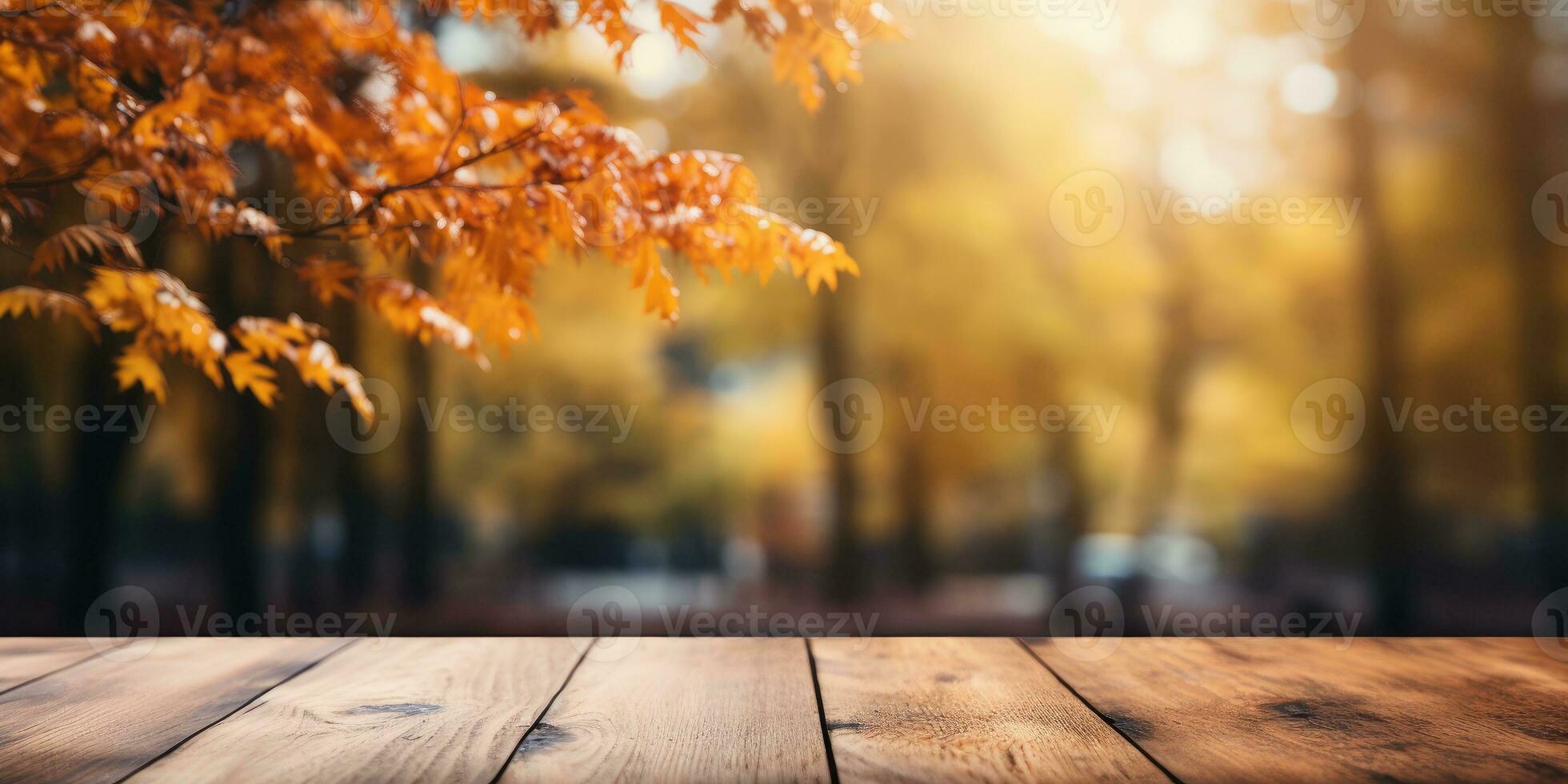 wooden table against the backdrop of an autumn forest, space for text. Generative AI photo