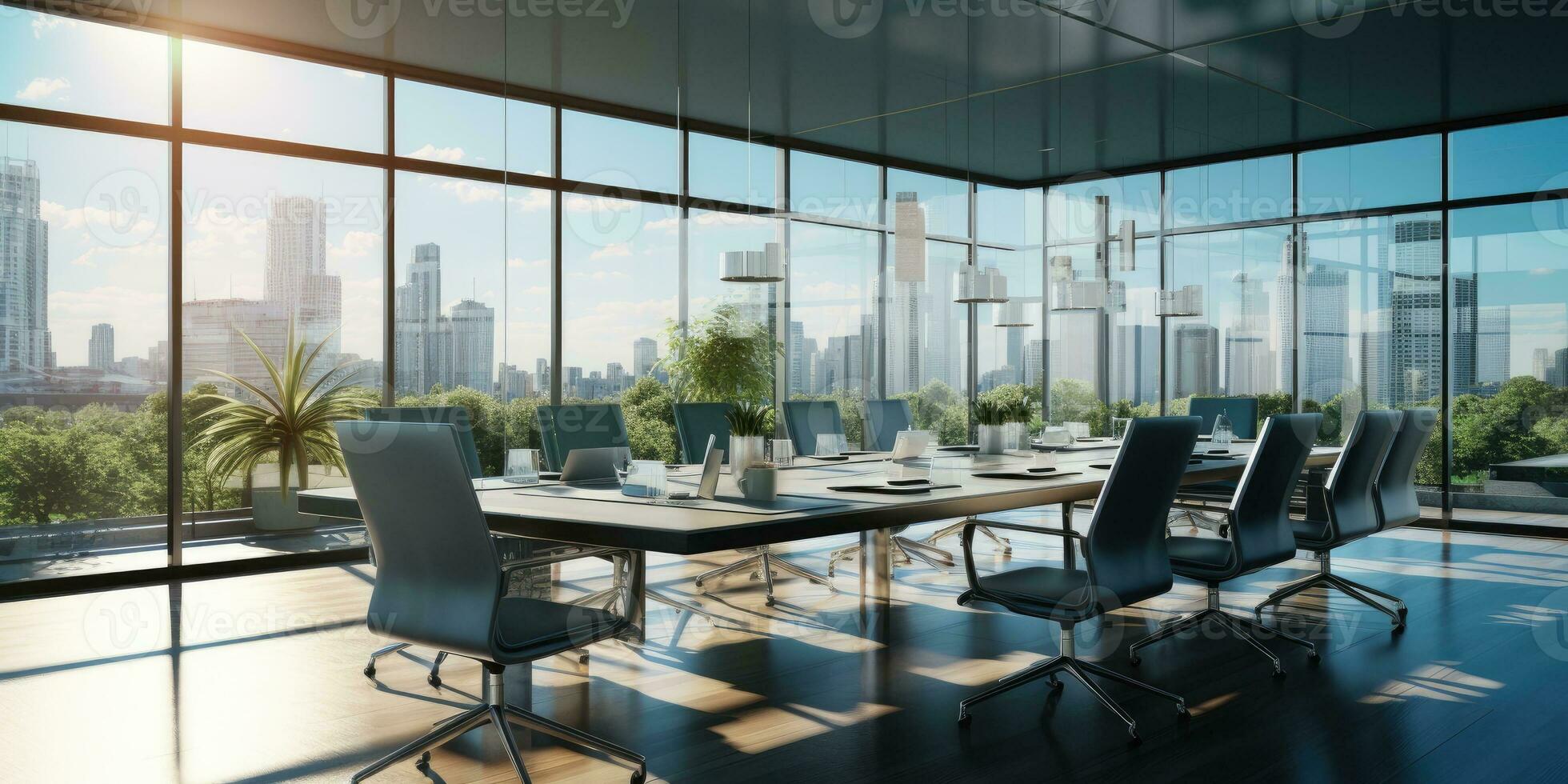 Modern empty conference room with large conference table during. Generative AI photo