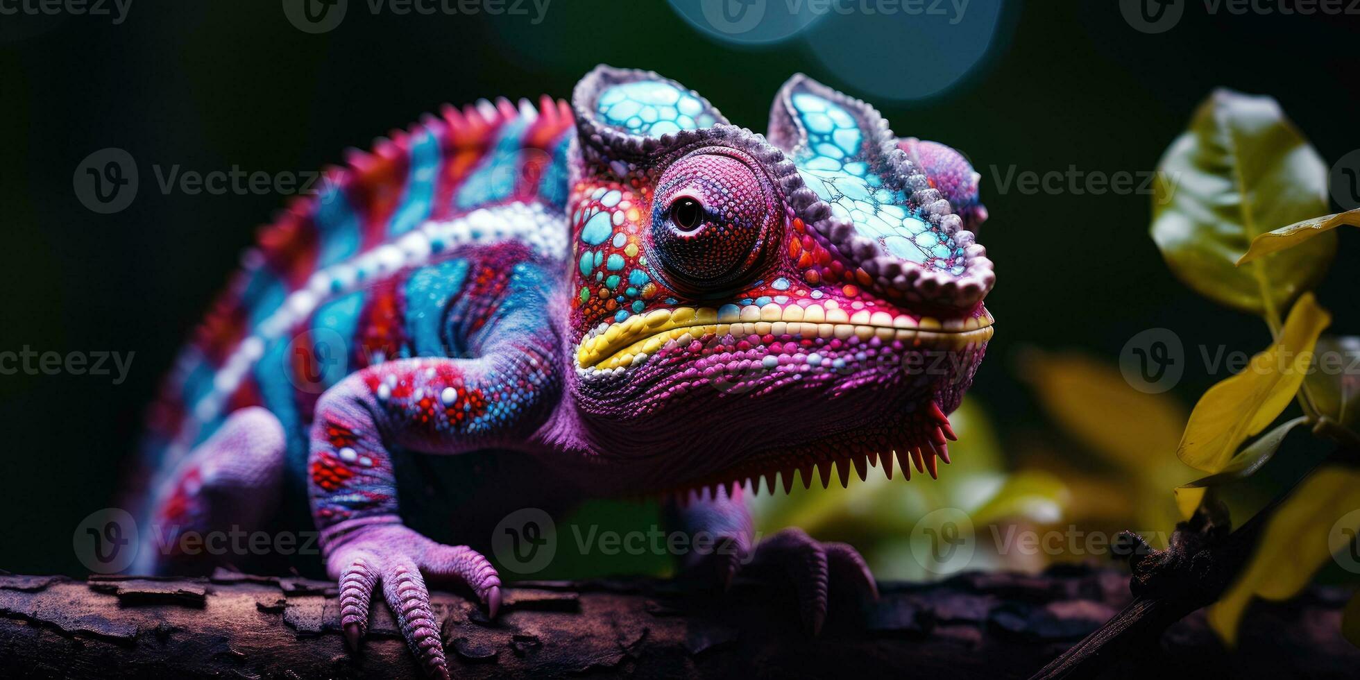 A bright spotted chameleon sits on a branch, against a dark background. Generative AI photo