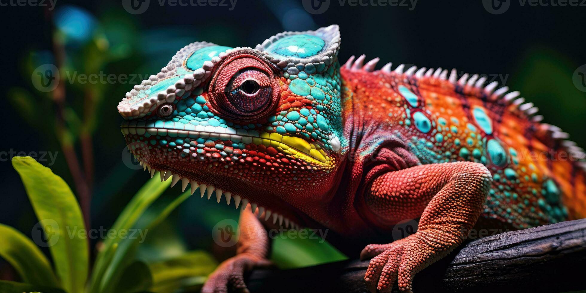 A cute red chameleon with blue spots sits on a branch. Generative AI photo