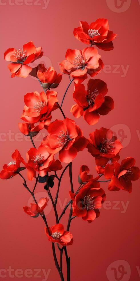 Flowering branch with red flowers on a red background, for a poster or postcard. Generative AI photo