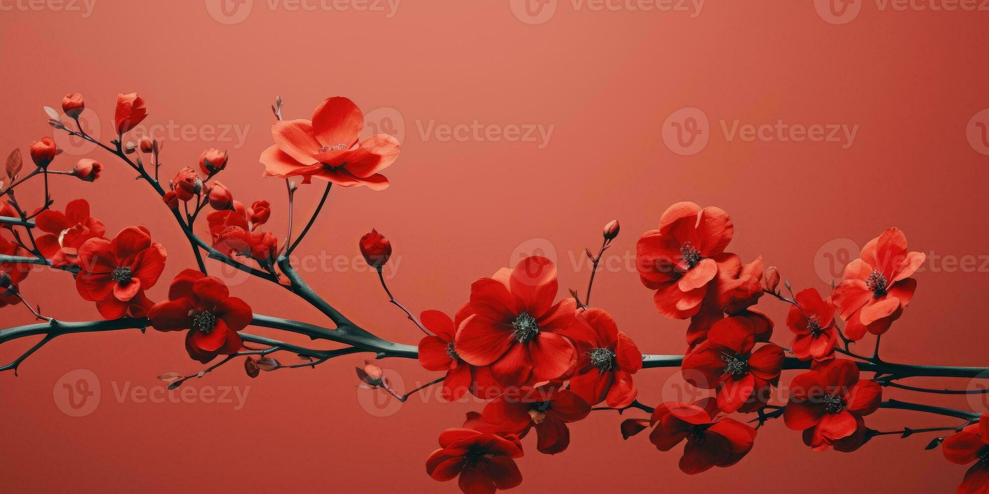 Flowering branch with red flowers on a red background, for a poster or postcard. Generative AI photo