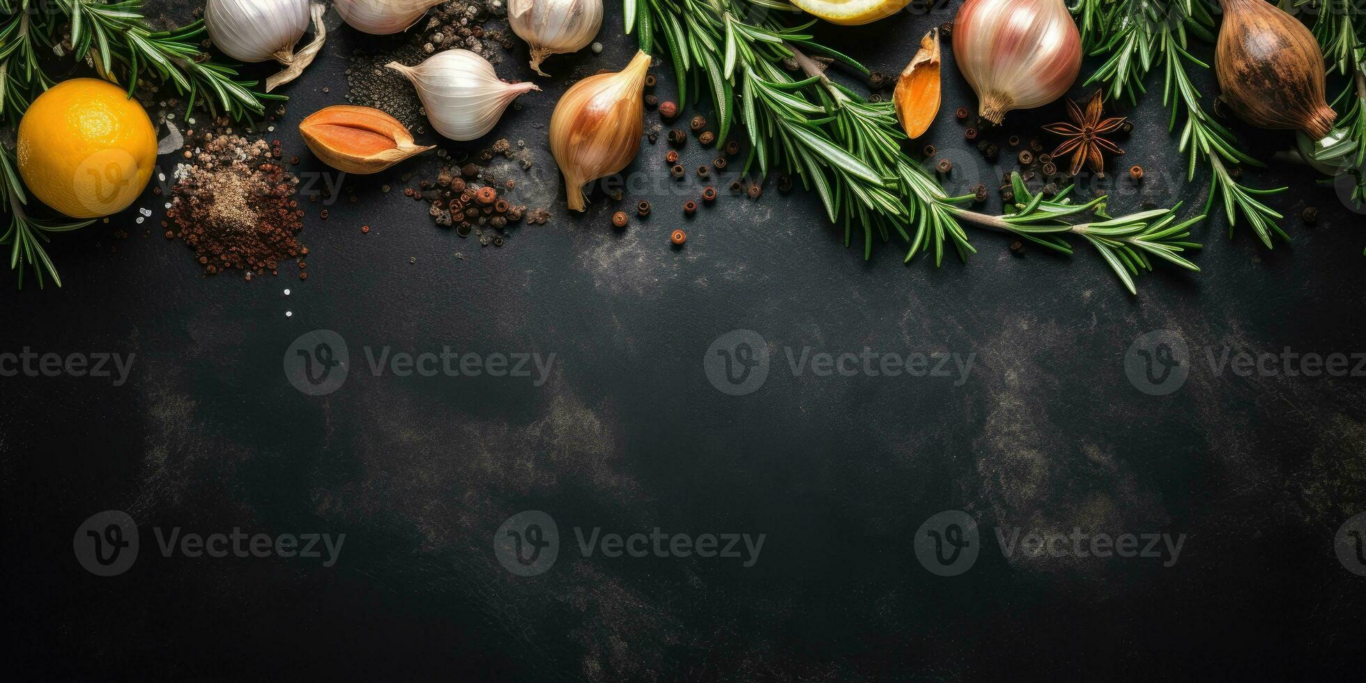 Food background with space for text. Razmarin, spices, garlic on dark background. Generative AI photo