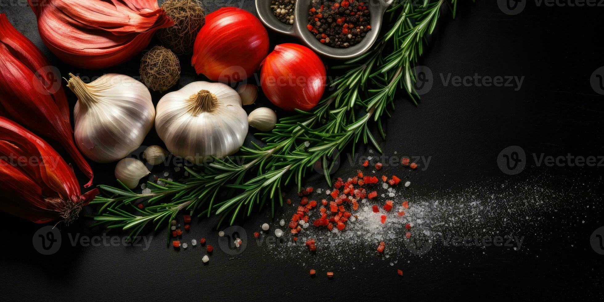 Razmarin, spices, tomato on dark background.Food background with space for text. Generative AI photo