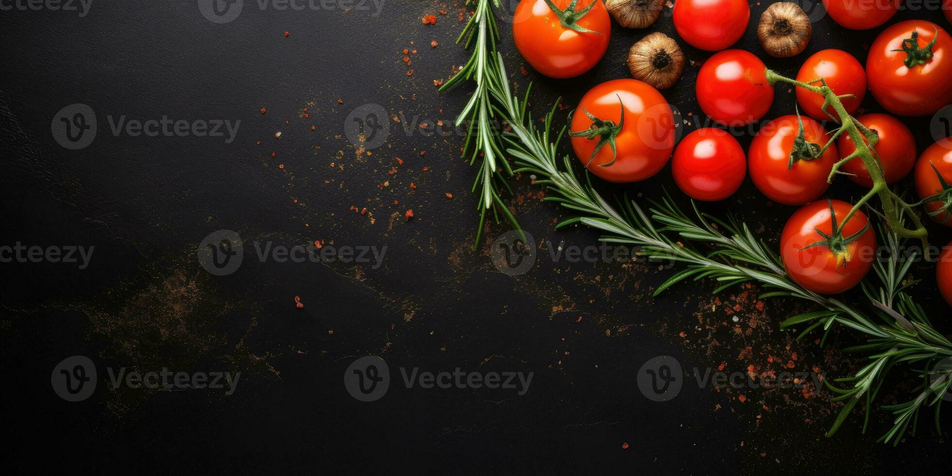 Razmarin, spices, tomato on dark background.Food background with space for text. Generative AI photo