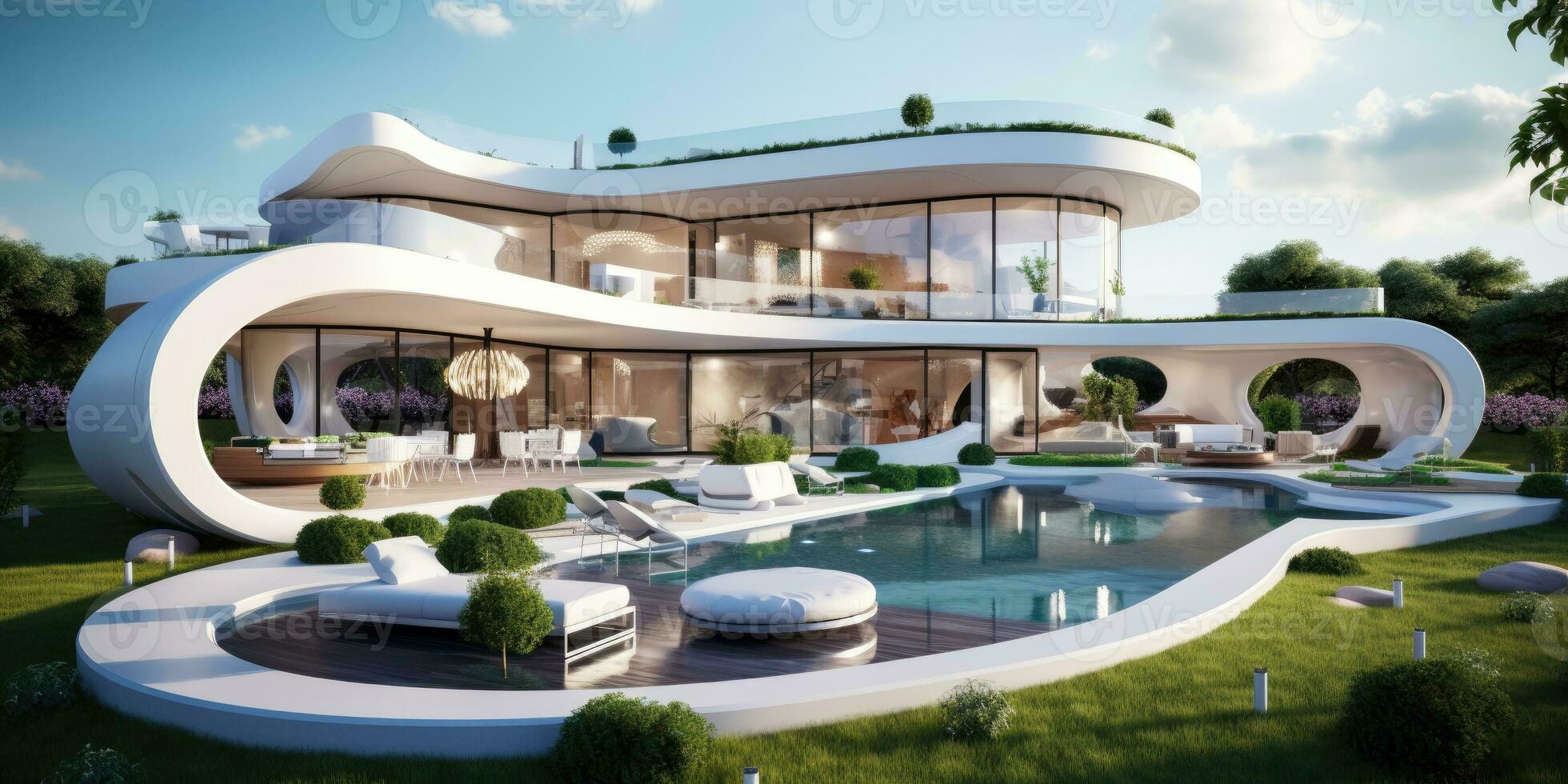 modern eco house with swimming pool and a lot of greenery around. Evening photo. Generative AI photo