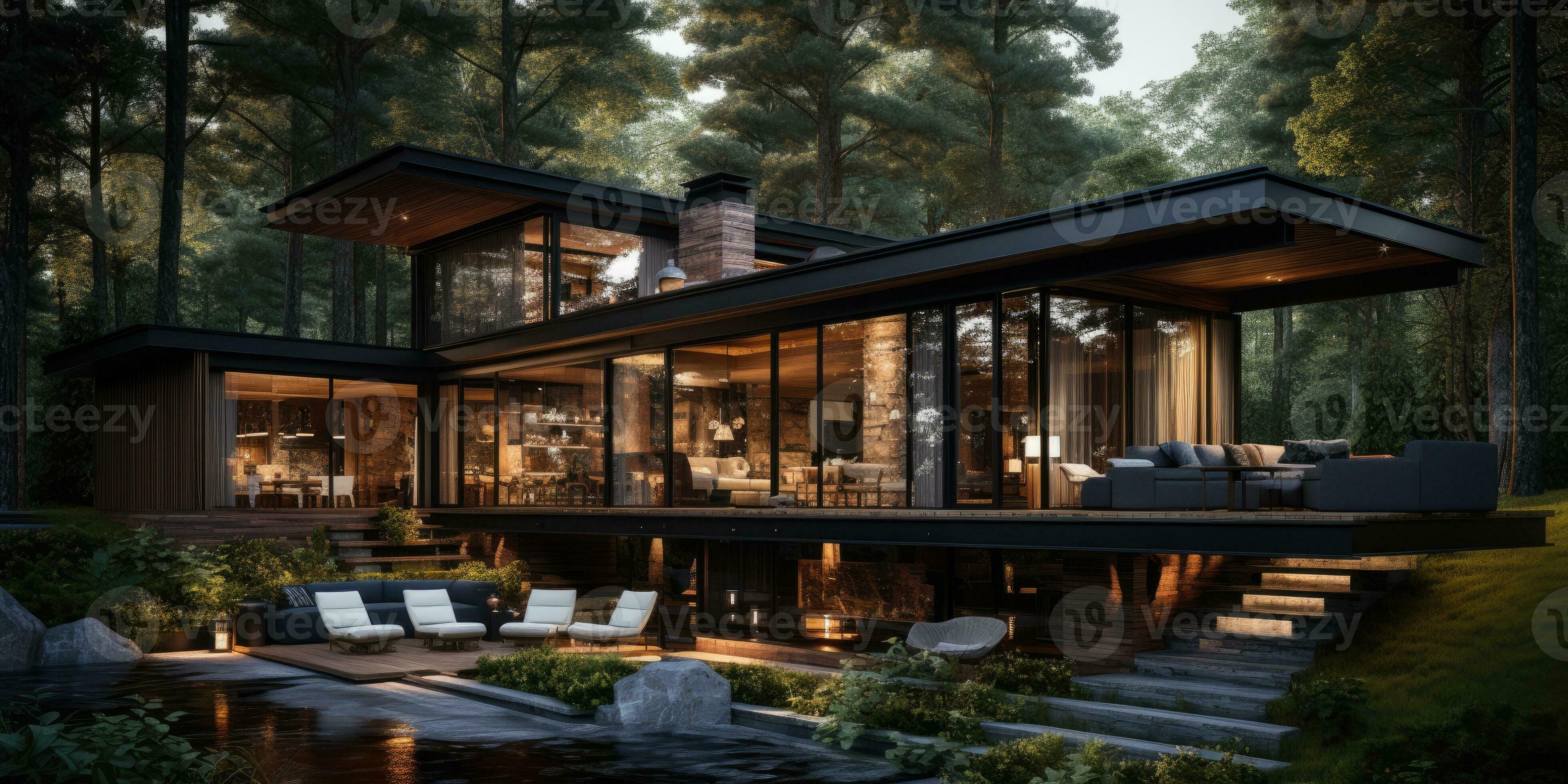 Design of a modern hightech house. Country house with flat roof