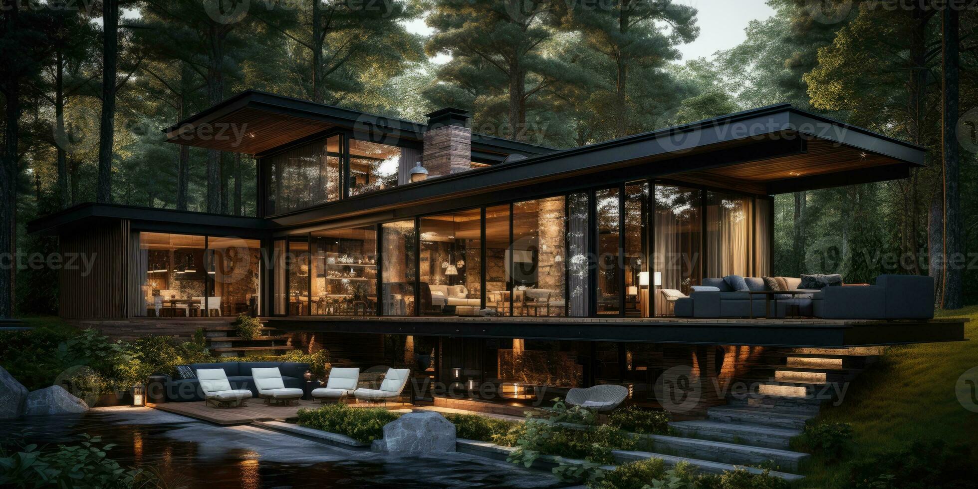 Design of a modern hightech house. Country house with flat roof