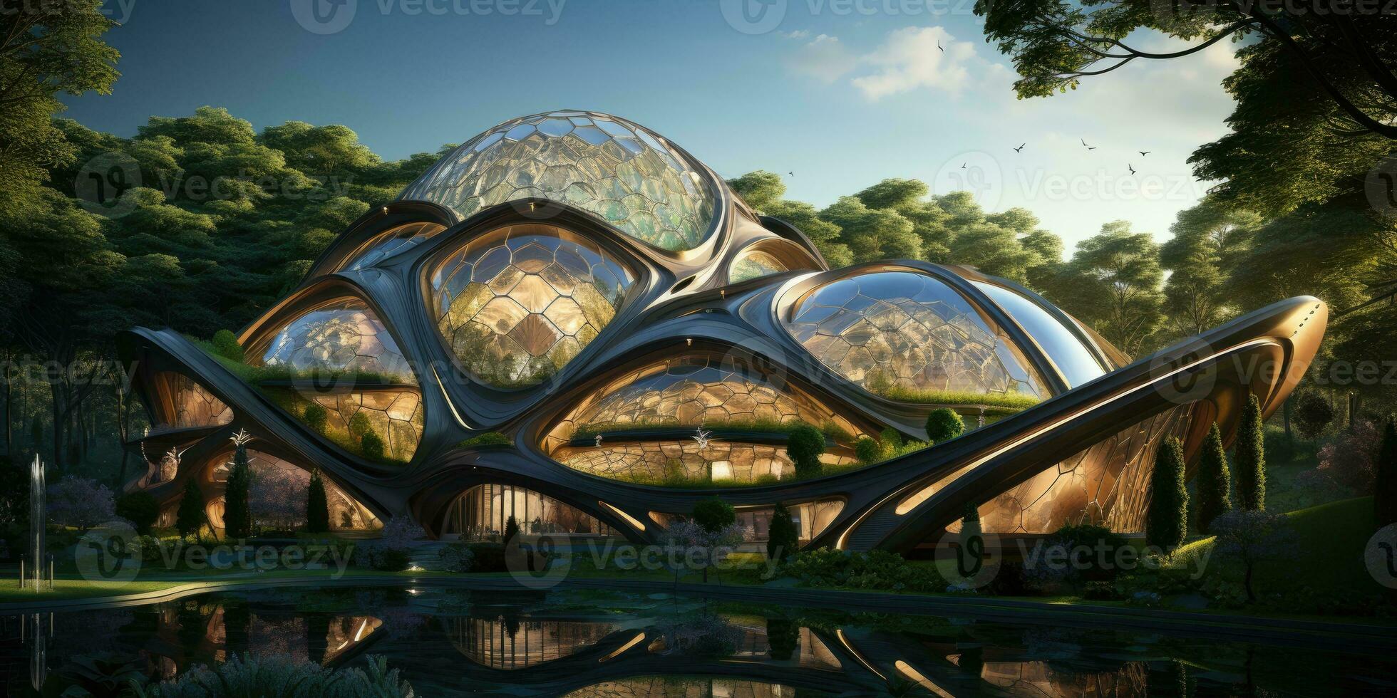 Futuristic eco building design, city the future. Generative AI photo