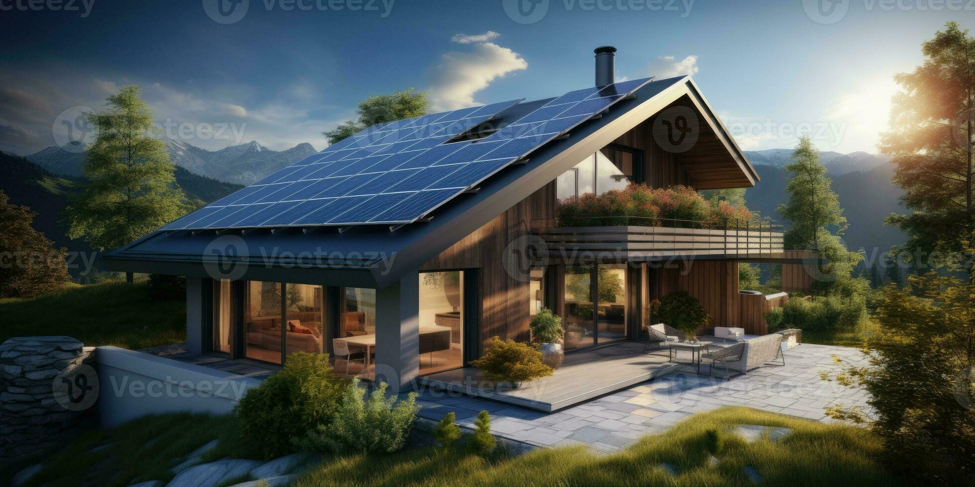 Realistic design of a modern house with solar panels the roof. Green energy. Generative AI photo