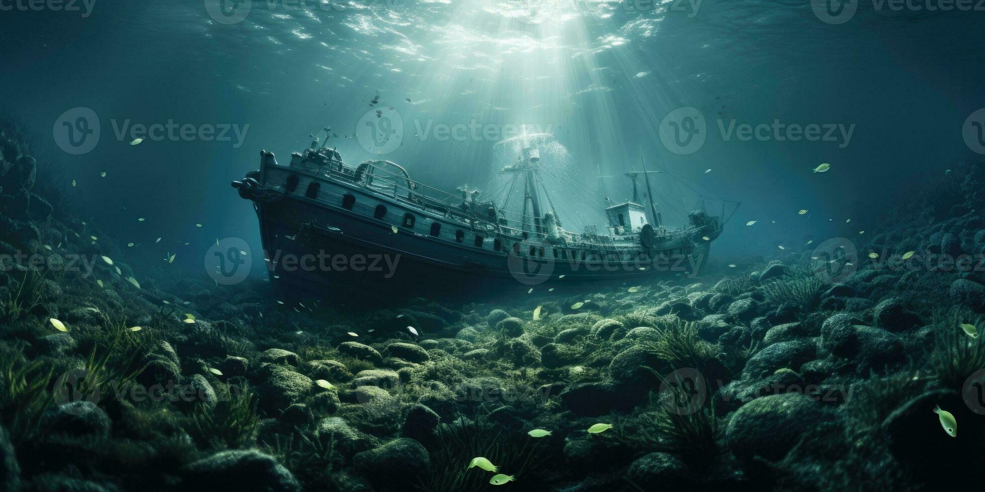A beautiful photograph of a sunken ship, photo of the underwater world. Generative AI
