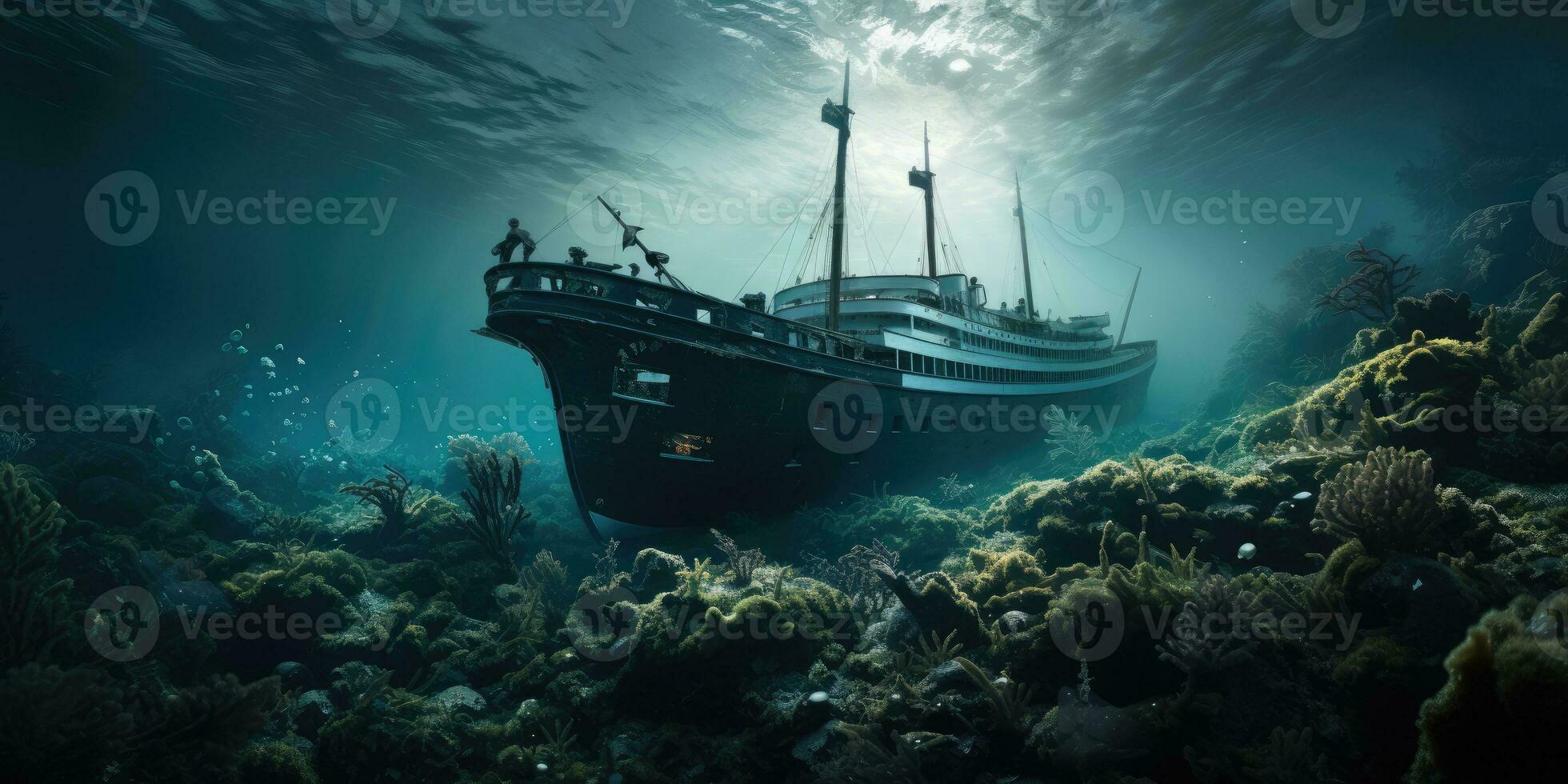 A photo of a mysterious underwater world, a sunken ship. Generative AI