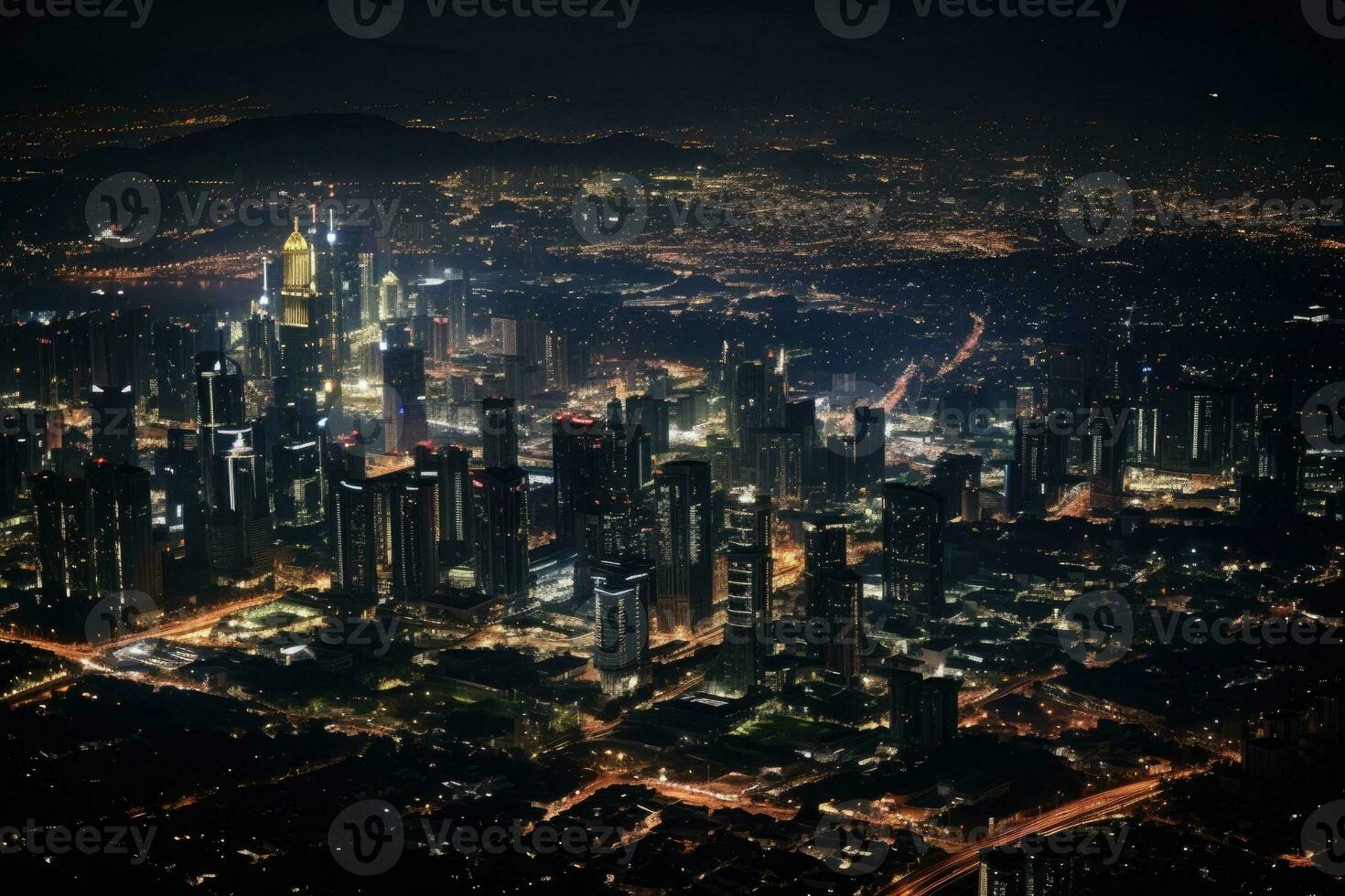 A vibrant cityscape illuminated under the night sky photo
