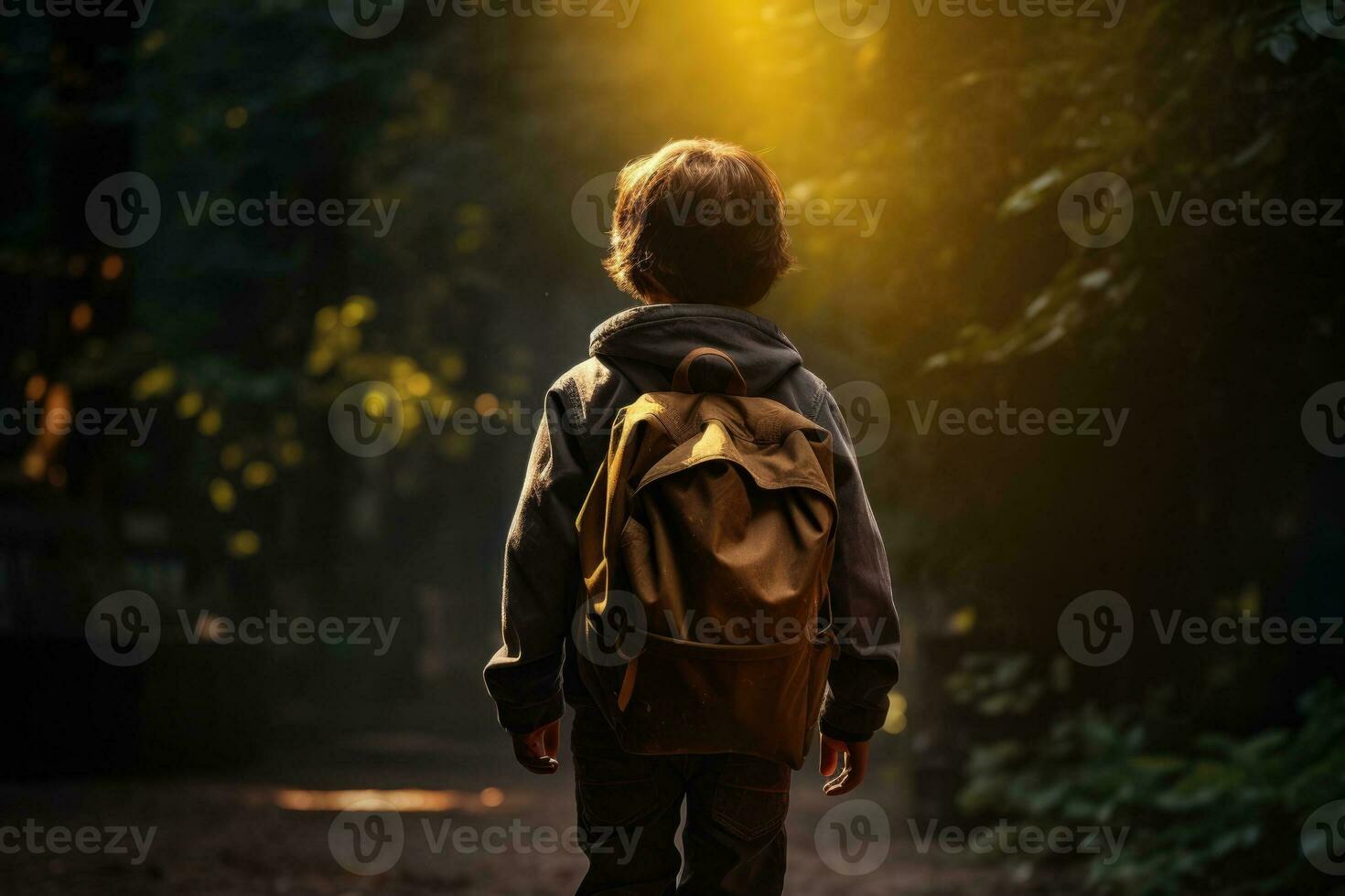 a young boy exploring nature in the forest photo