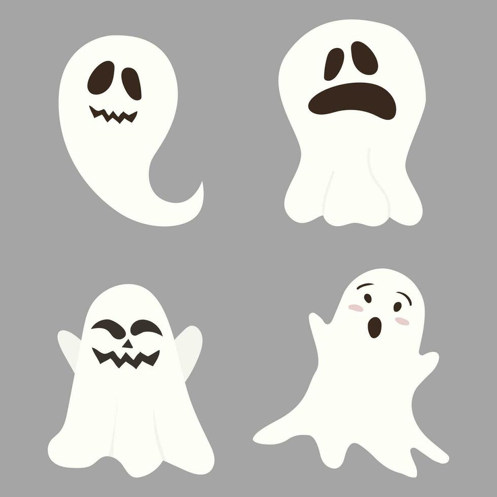 contento Víspera de Todos los Santos, fantasma, de miedo blanco fantasmas linda dibujos animados escalofriante personaje. sonriente rostro, manos. azul antecedentes saludo tarjeta. vector ilustración