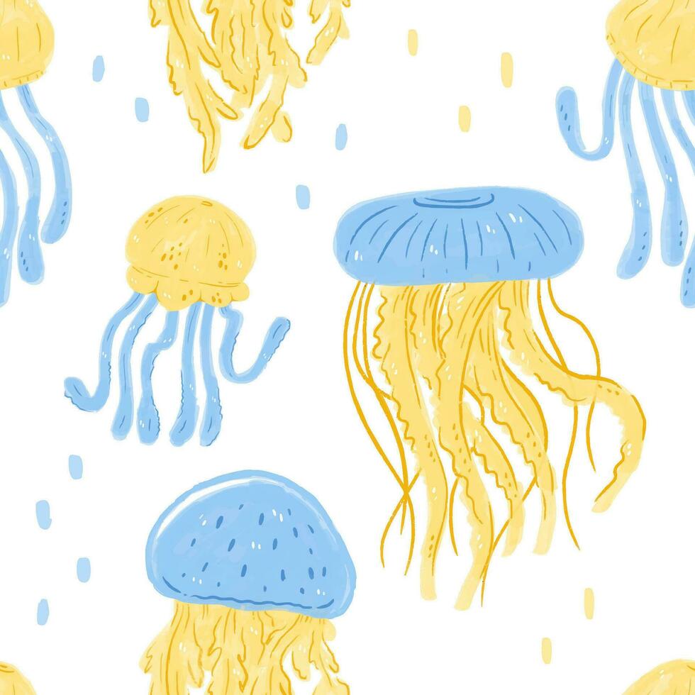 Vector Hand Drawn Jellyfish Seamless Pattern