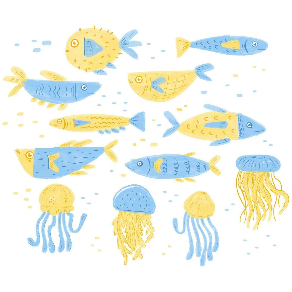 conjunto de mar criaturas con mano dibujado marcador estilo vector