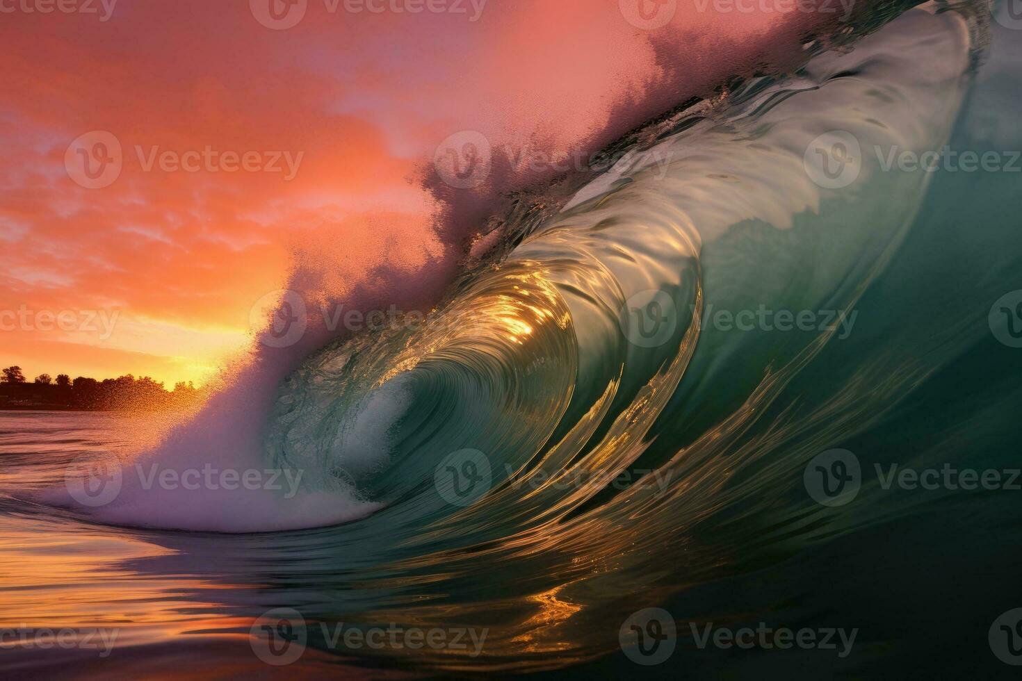 a breathtaking sunset with a massive wave crashing in the ocean photo